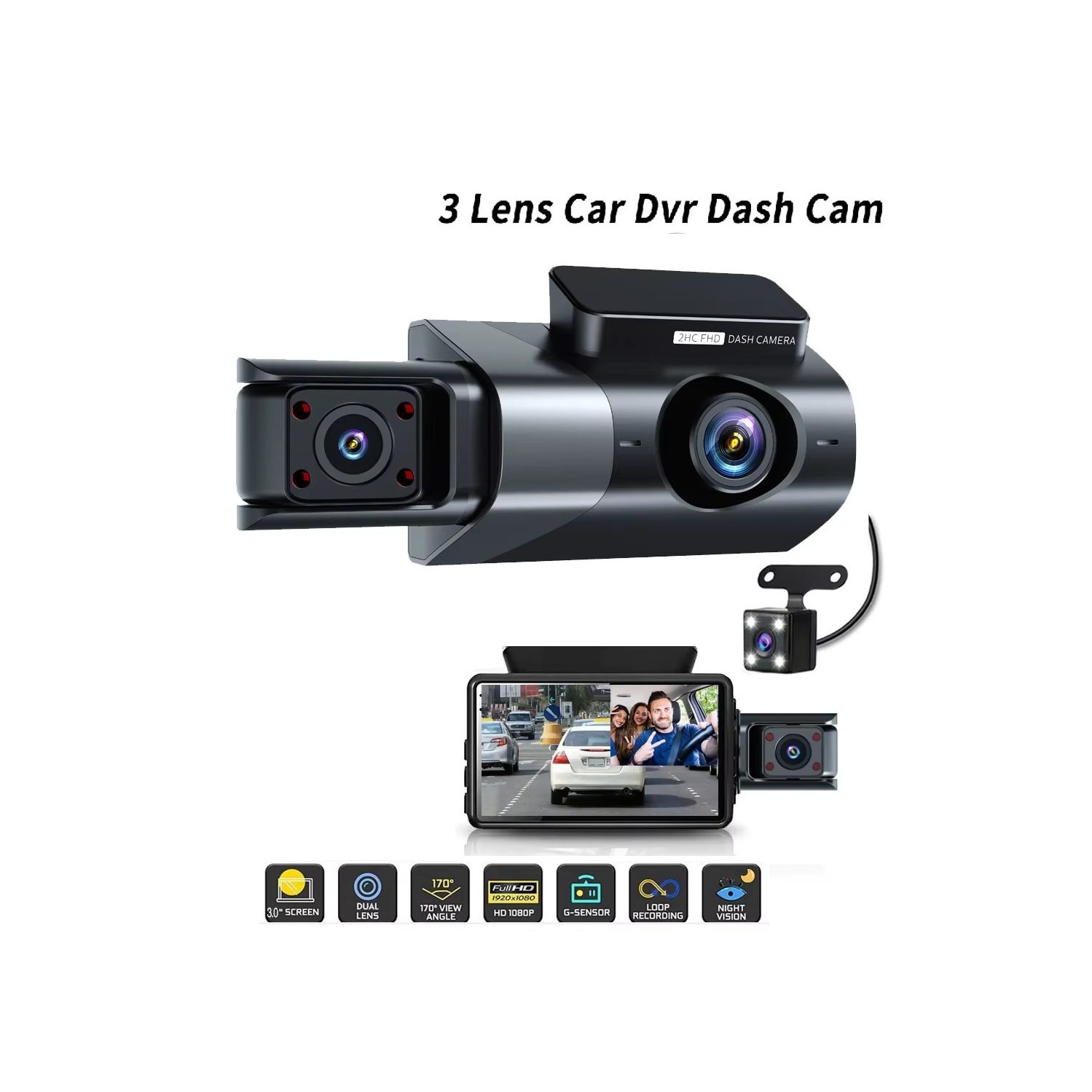 1296P+480P+480P Caméra de tableau de bord 3 canaux Grand-angle pour voitures avant, intérieur et arrière et carte SD 32&nbsp;Go incluse avec