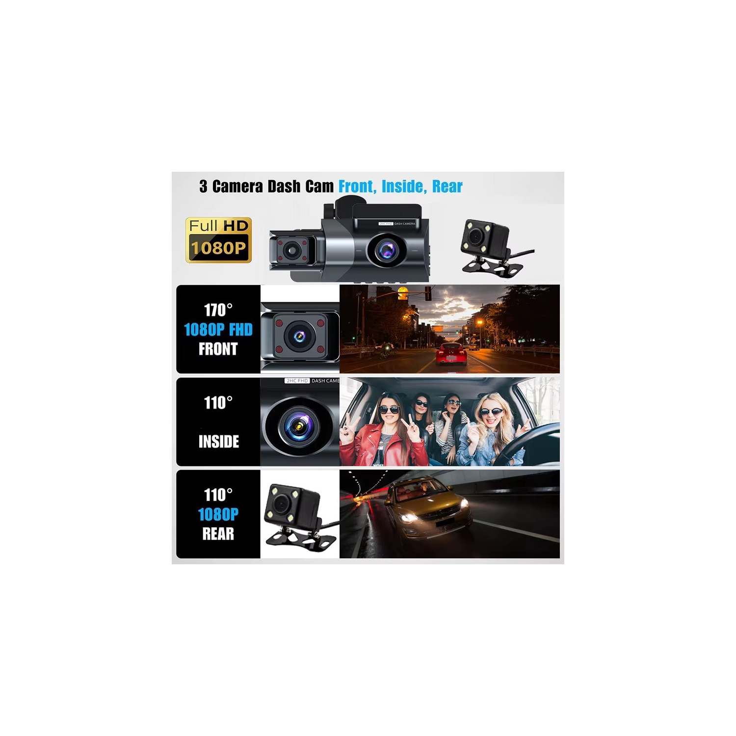 1296P+480P+480P Caméra de tableau de bord 3 canaux Grand-angle pour voitures avant, intérieur et arrière et carte SD 32 Go incluse avec