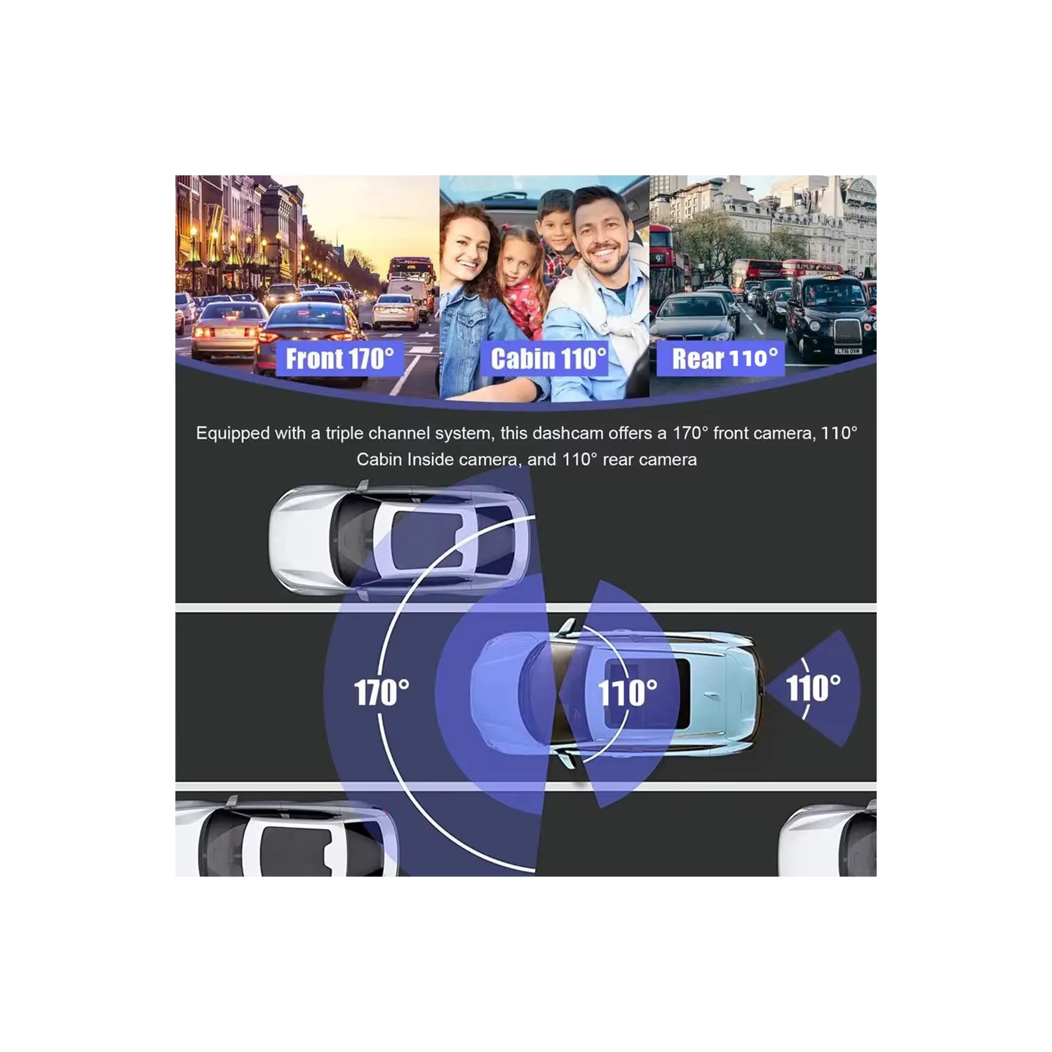 1296P+480P+480P Caméra de tableau de bord 3 canaux Grand-angle pour voitures avant, intérieur et arrière et carte SD 32 Go incluse avec