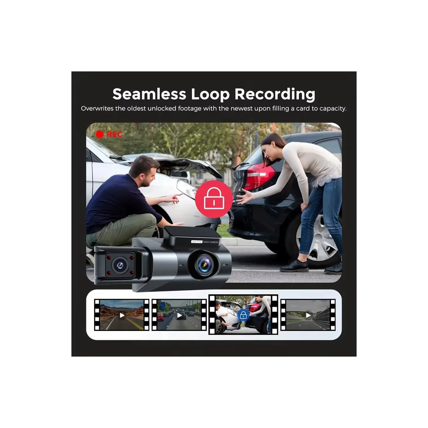 1296P+480P+480P Caméra de tableau de bord 3 canaux Grand-angle pour voitures avant, intérieur et arrière et carte SD 32 Go incluse avec