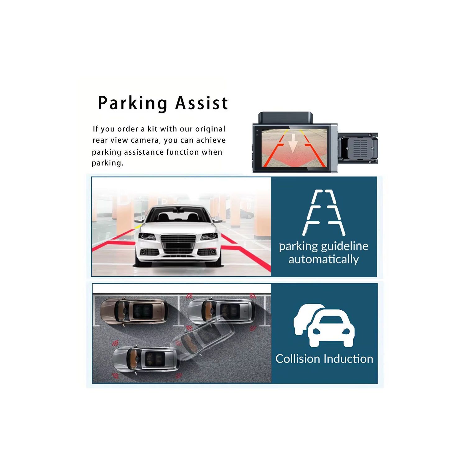 1296P+480P+480P Caméra de tableau de bord 3 canaux Grand-angle pour voitures avant, intérieur et arrière et carte SD 32 Go incluse avec