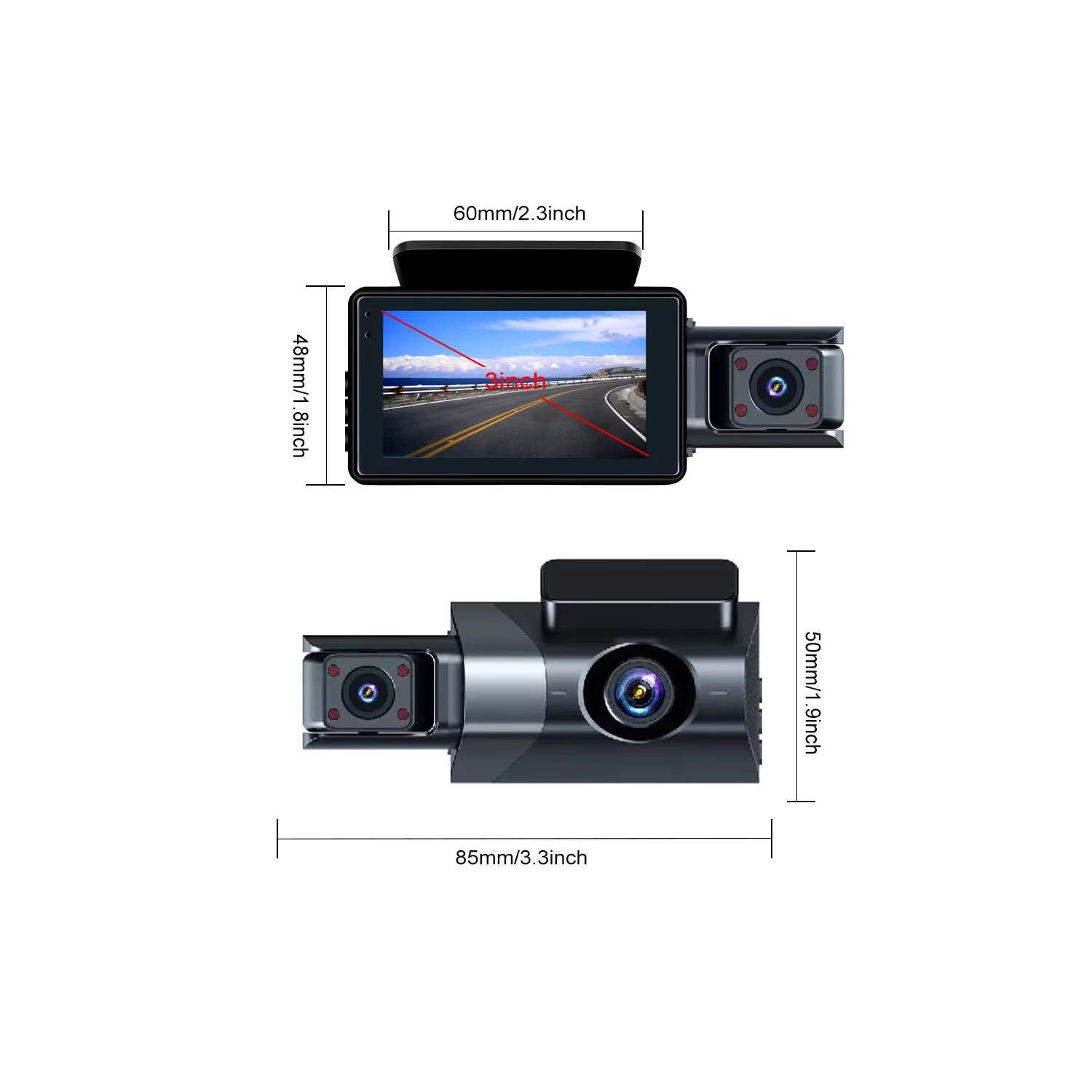 1296P+480P+480P Caméra de tableau de bord 3 canaux Grand-angle pour voitures avant, intérieur et arrière et carte SD 32 Go incluse avec