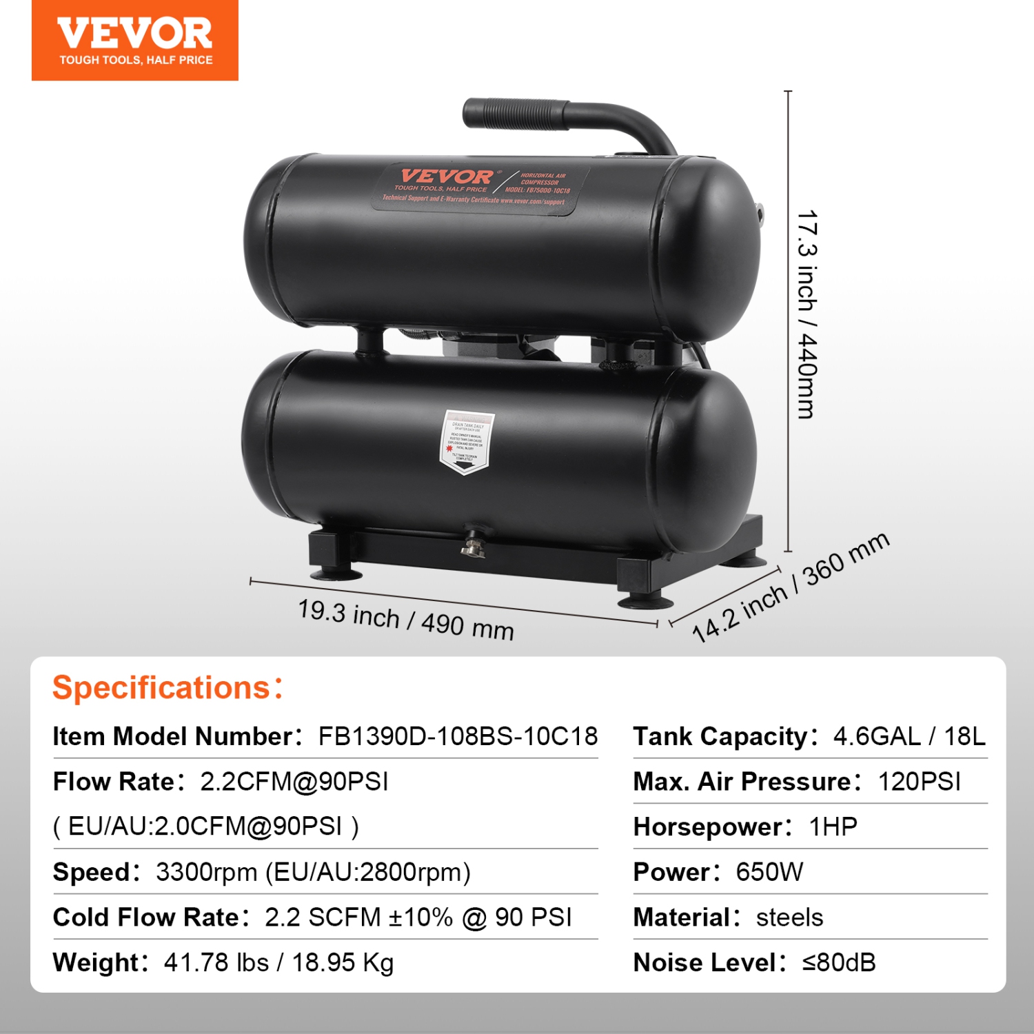 VEVOR 4.6 Gallon Air Compressor, Steel Tank, 1HP 2.2 CFM@90 PSI Oil Free Air Compressor & Max. 120PSI Pressure, 80dB Ultra Quiet Portable Compressor,