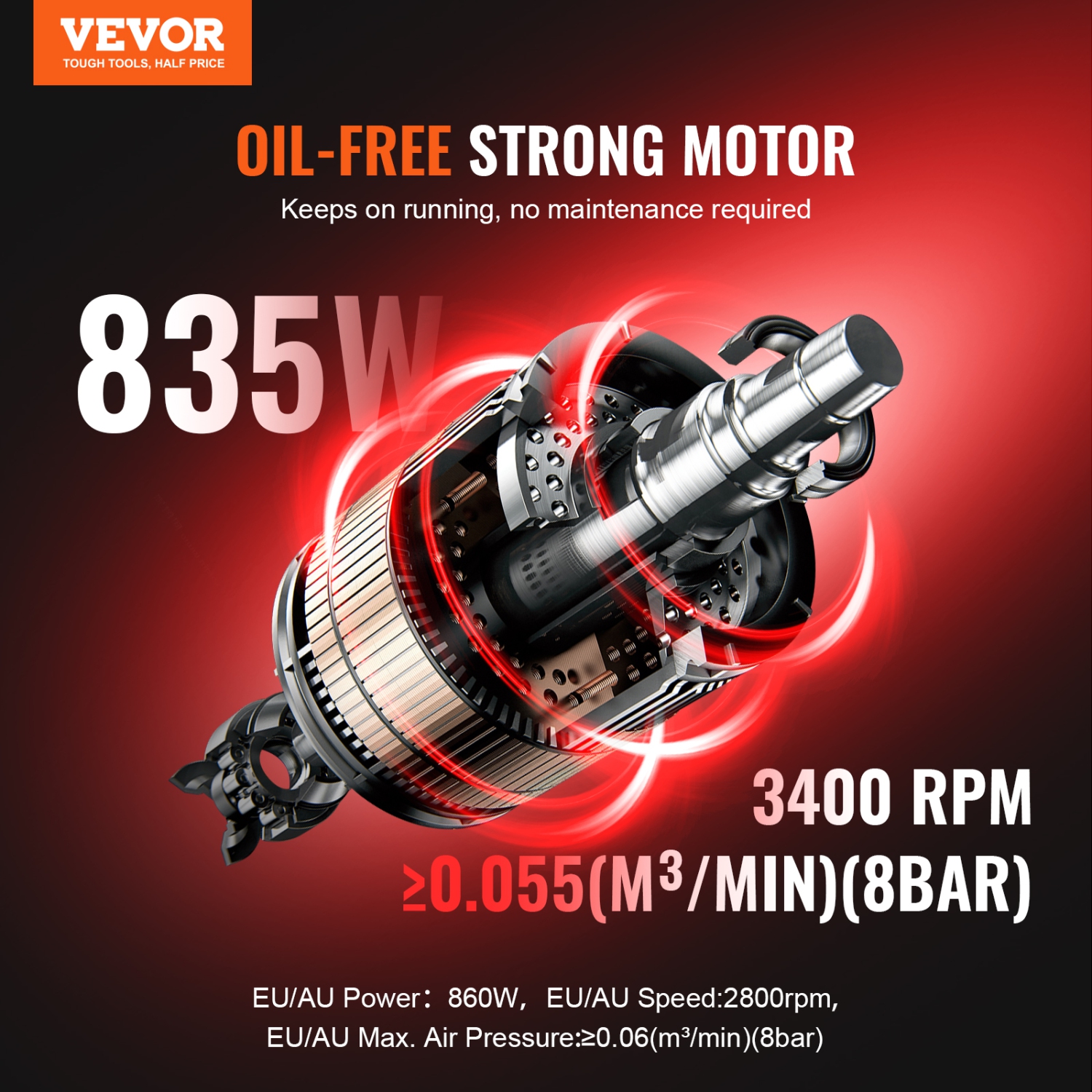 VEVOR 2 Gallon Air Compressor, Steel Tank, 1HP 2.1 CFM 8bar Oil Free Air Compressor & Max. 120PSI Pressure, 81dB Ultra Quiet Portable Compressor, for