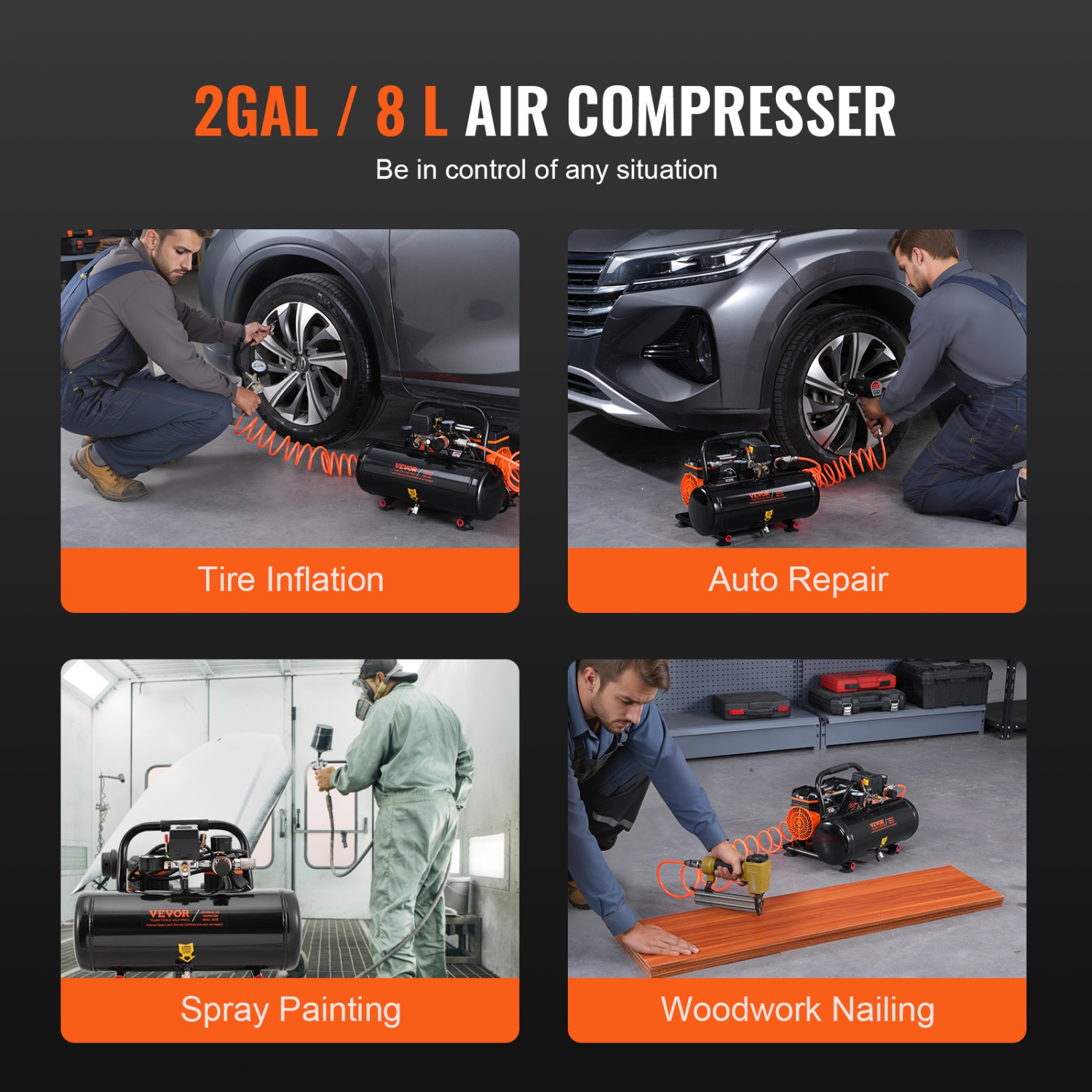 VEVOR 2 Gallon Air Compressor, Steel Tank, 1HP 2.1 CFM 8bar Oil Free Air Compressor & Max. 120PSI Pressure, 81dB Ultra Quiet Portable Compressor, for