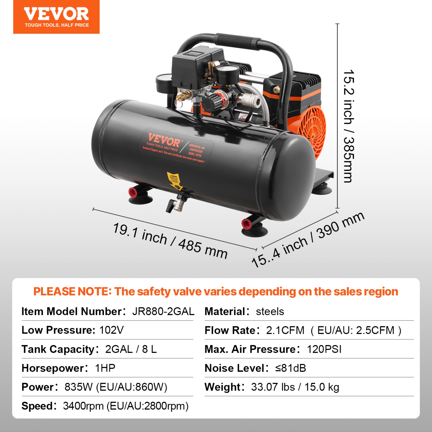 VEVOR 2 Gallon Air Compressor, Steel Tank, 1HP 2.1 CFM 8bar Oil Free Air Compressor & Max. 120PSI Pressure, 81dB Ultra Quiet Portable Compressor, for