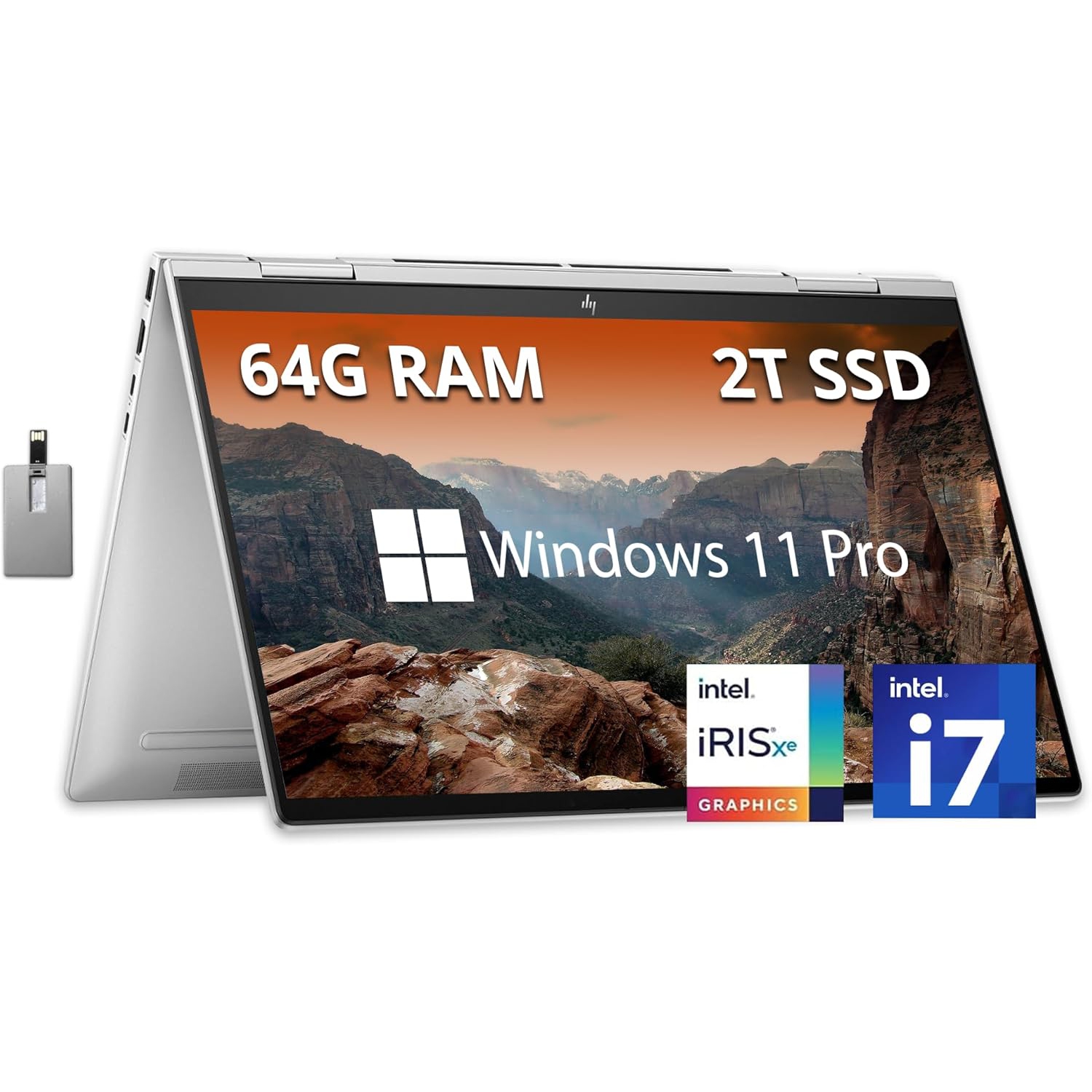 Open Box - HP Envy x360 2-in-1 15.6” FHD Touchscreen Laptop, Intel i7-1355U, 2TB PCIe SSD, 64GB RAM, Backlit KB, Stylus Pen, Intel Iris Xe Graphics, Win 11 Pro, 32GB USB Card