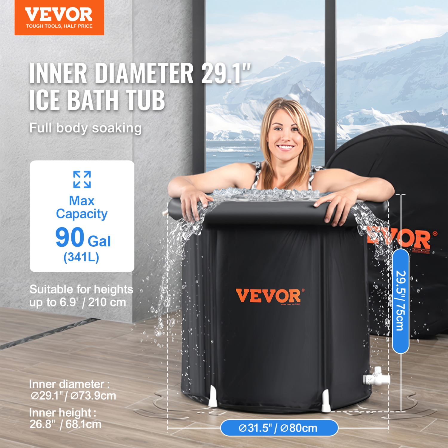 VEVOR 90 Gal Ice Bath Tub, Cold Water Therapy Plunge Tub for Athletes, Portable Outdoor Ice Barrel Plunge Pool for Recovery, Inflatable Folding