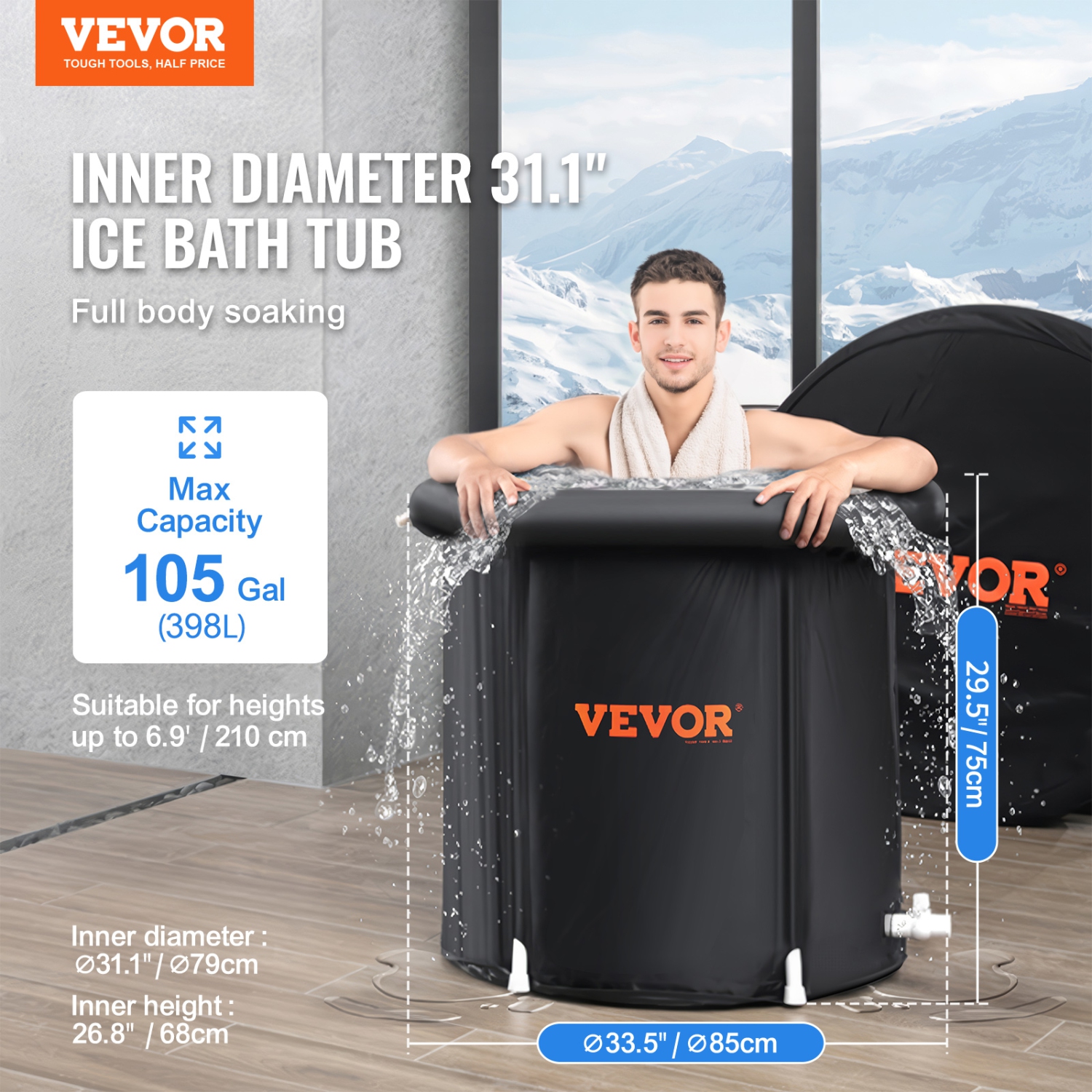 VEVOR 87 Gal Ice Bath Tub, Cold Water Therapy Plunge Tub for Athletes, Portable Outdoor Ice Barrel Plunge Pool for Recovery, Inflatable Folding