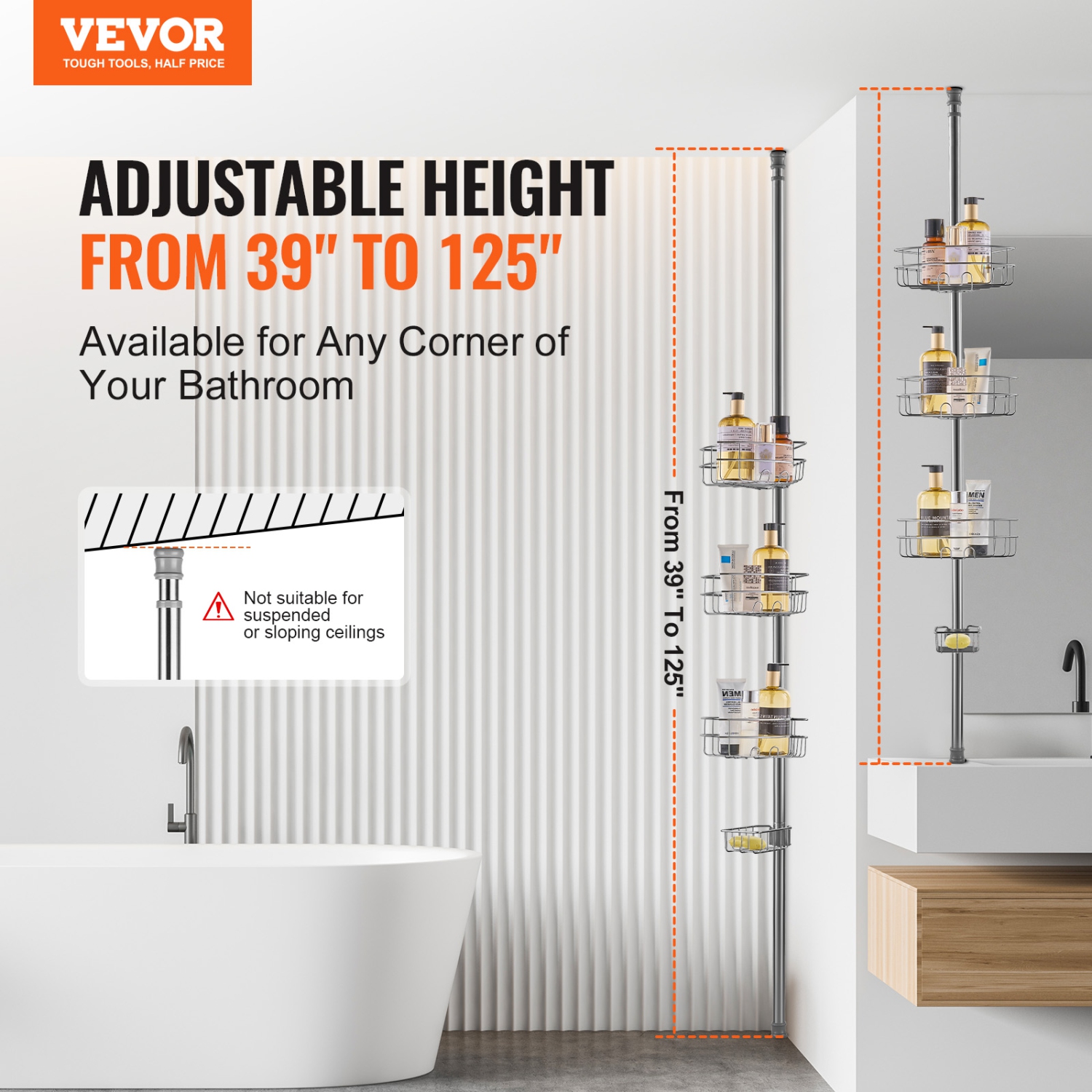 VEVOR 39" to 125" High Shower Corner Caddy Tension Pole, Multi-Functional Shower Tension Pole with Strong Load-Bearing Tray,Rust-Proof