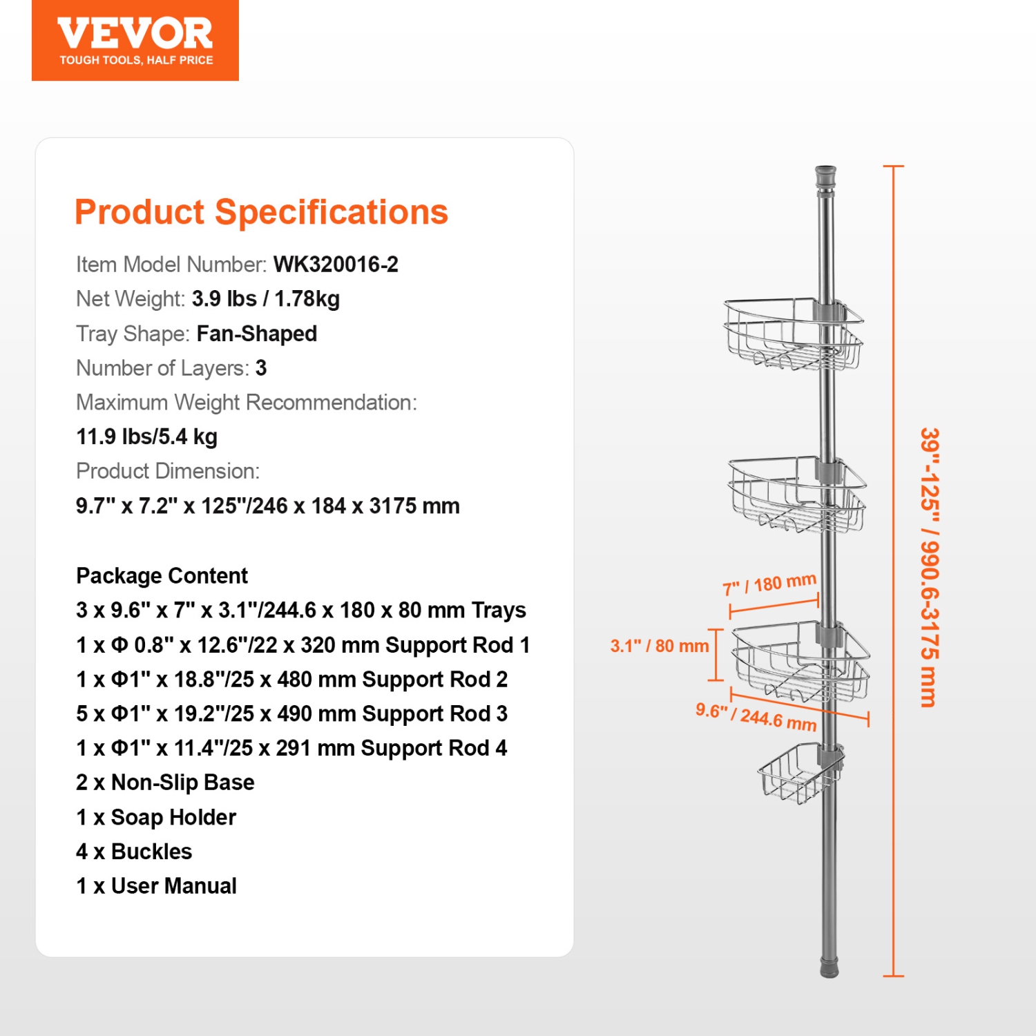 VEVOR 39" to 125" High Shower Corner Caddy Tension Pole, Multi-Functional Shower Tension Pole with Strong Load-Bearing Tray,Rust-Proof