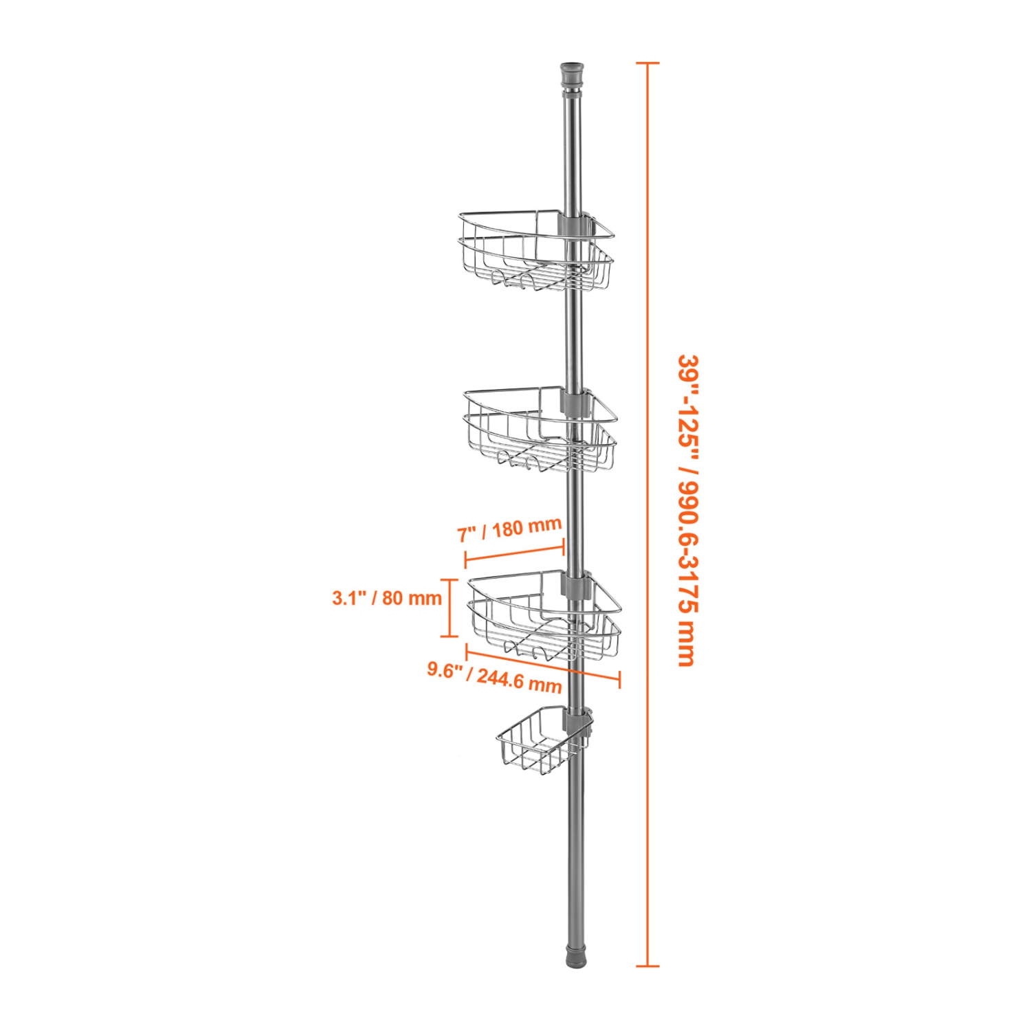 VEVOR 39" to 125" High Shower Corner Caddy Tension Pole, Multi-Functional Shower Tension Pole with Strong Load-Bearing Tray,Rust-Proof