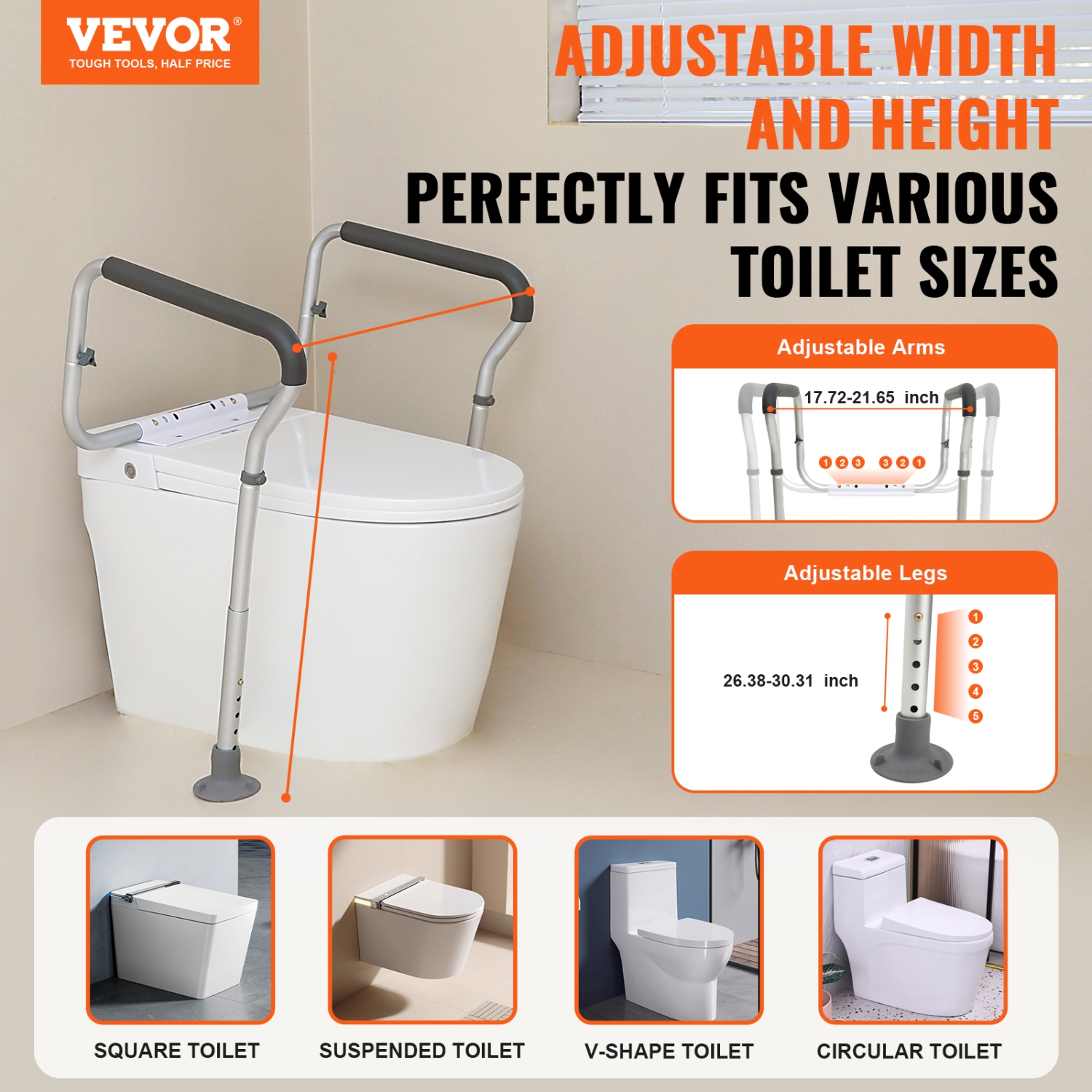 VEVOR 300lbs Toilet Safety Rail, Bathroom Toilet Seat Frame, Adjustable Width & Height Fit Most Toilets, Toilet Handles Grab Bars with Padded
