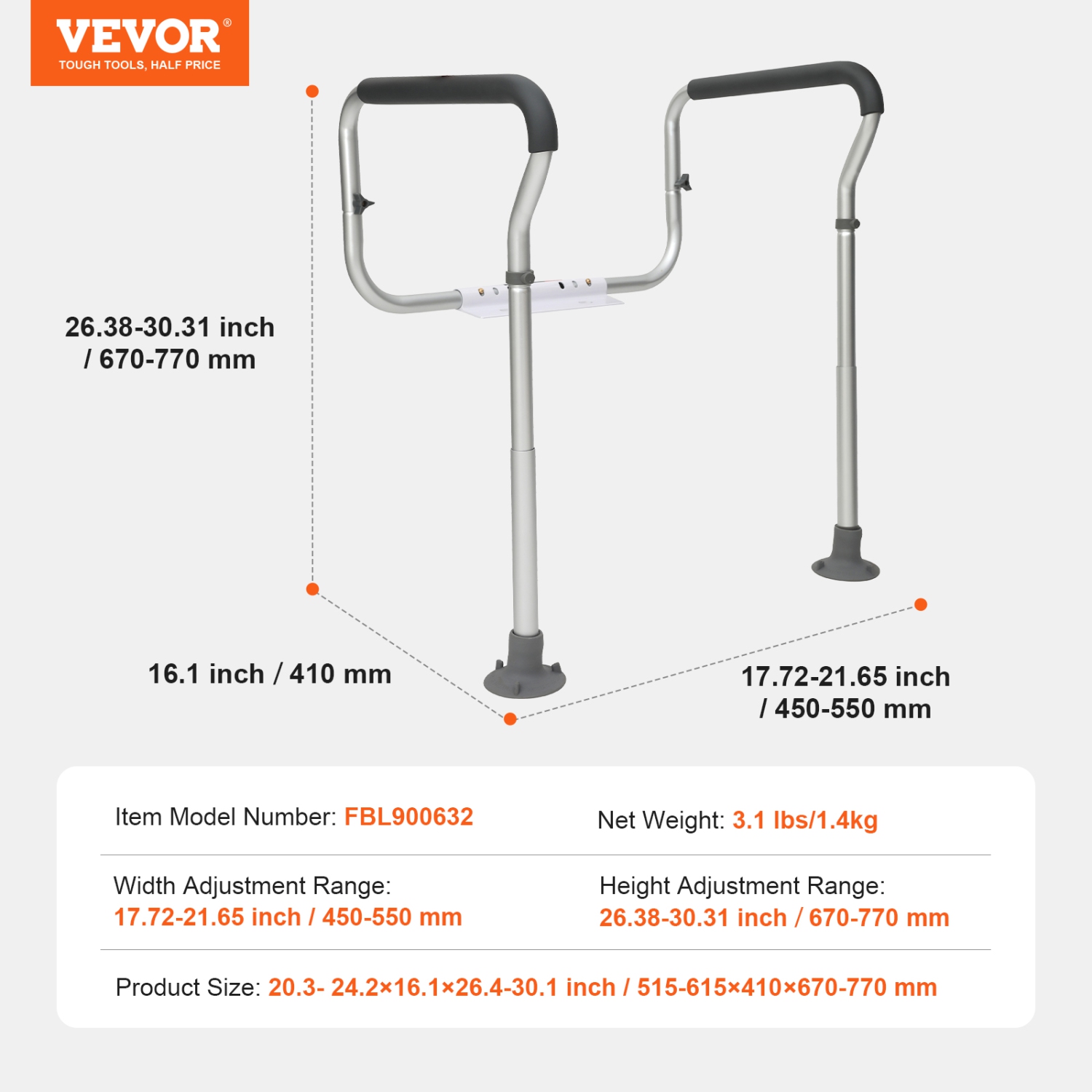 VEVOR 300lbs Toilet Safety Rail, Bathroom Toilet Seat Frame, Adjustable Width & Height Fit Most Toilets, Toilet Handles Grab Bars with Padded
