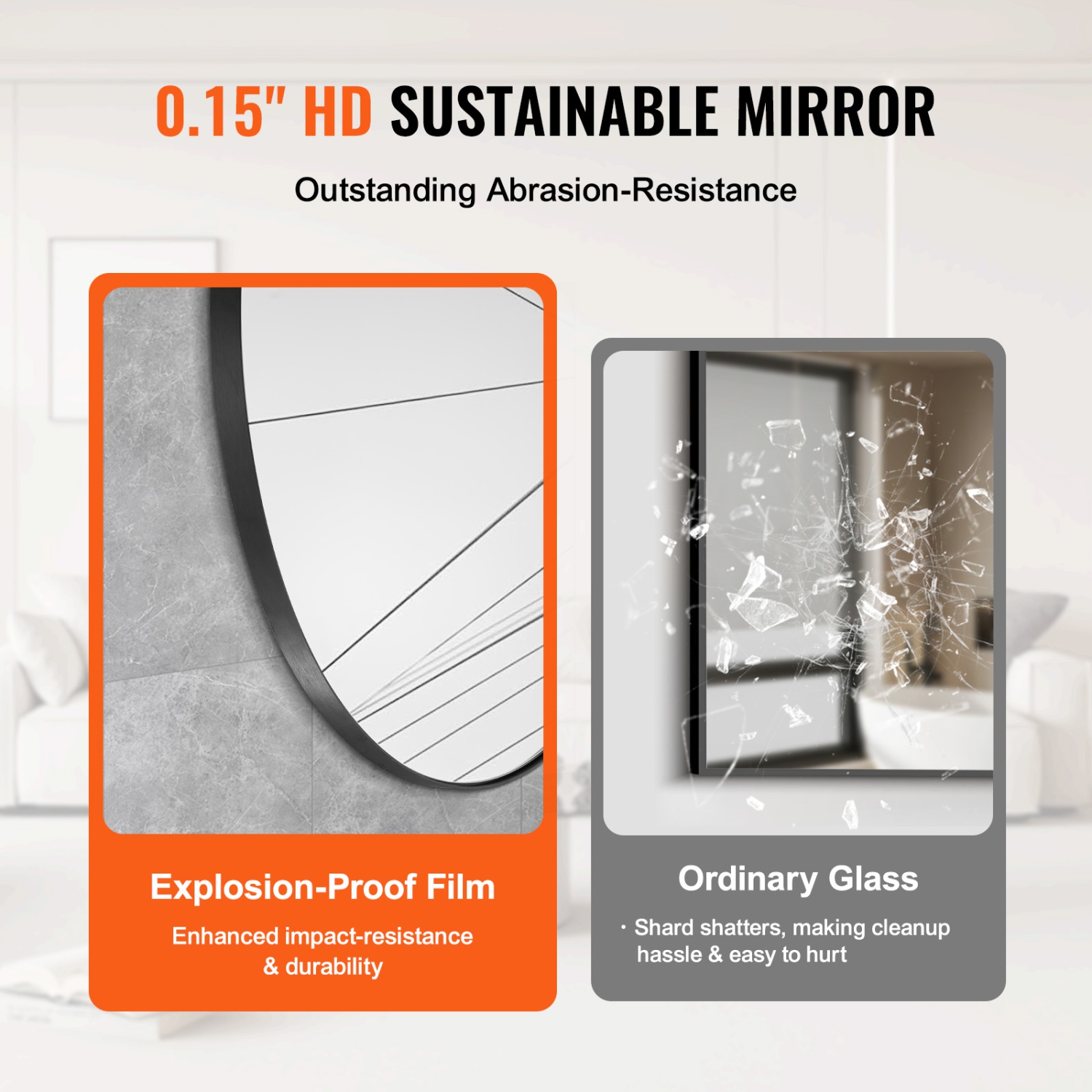 VEVOR 0.15" Thick Wall Mounted Makeup Mirror, 30 in Mirror with Aluminium Alloy Frame & Explosion-Proof Film, Scratch-Resistant Mirror with Z-Shaped