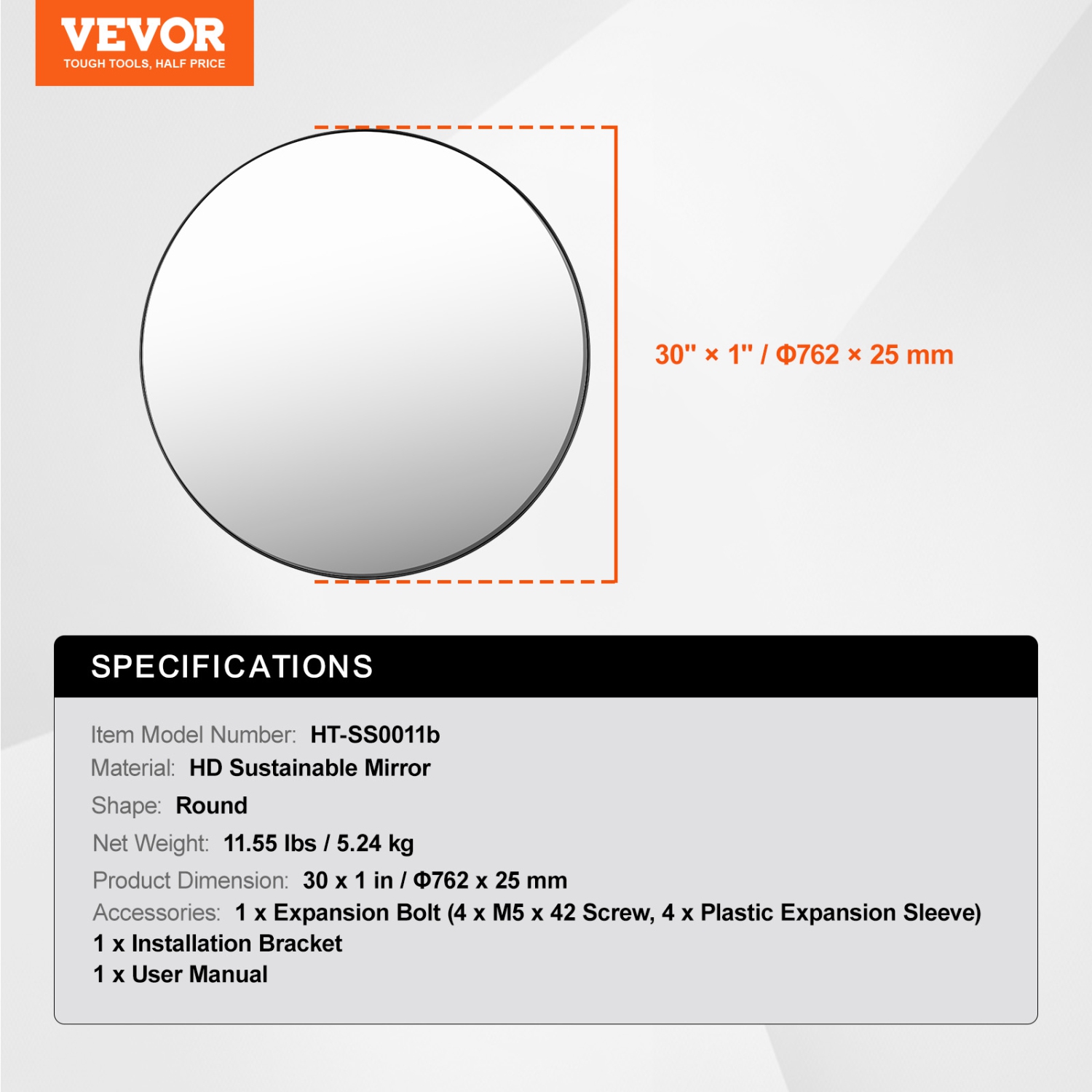 VEVOR 0.15" Thick Wall Mounted Makeup Mirror, 30 in Mirror with Aluminium Alloy Frame & Explosion-Proof Film, Scratch-Resistant Mirror with Z-Shaped