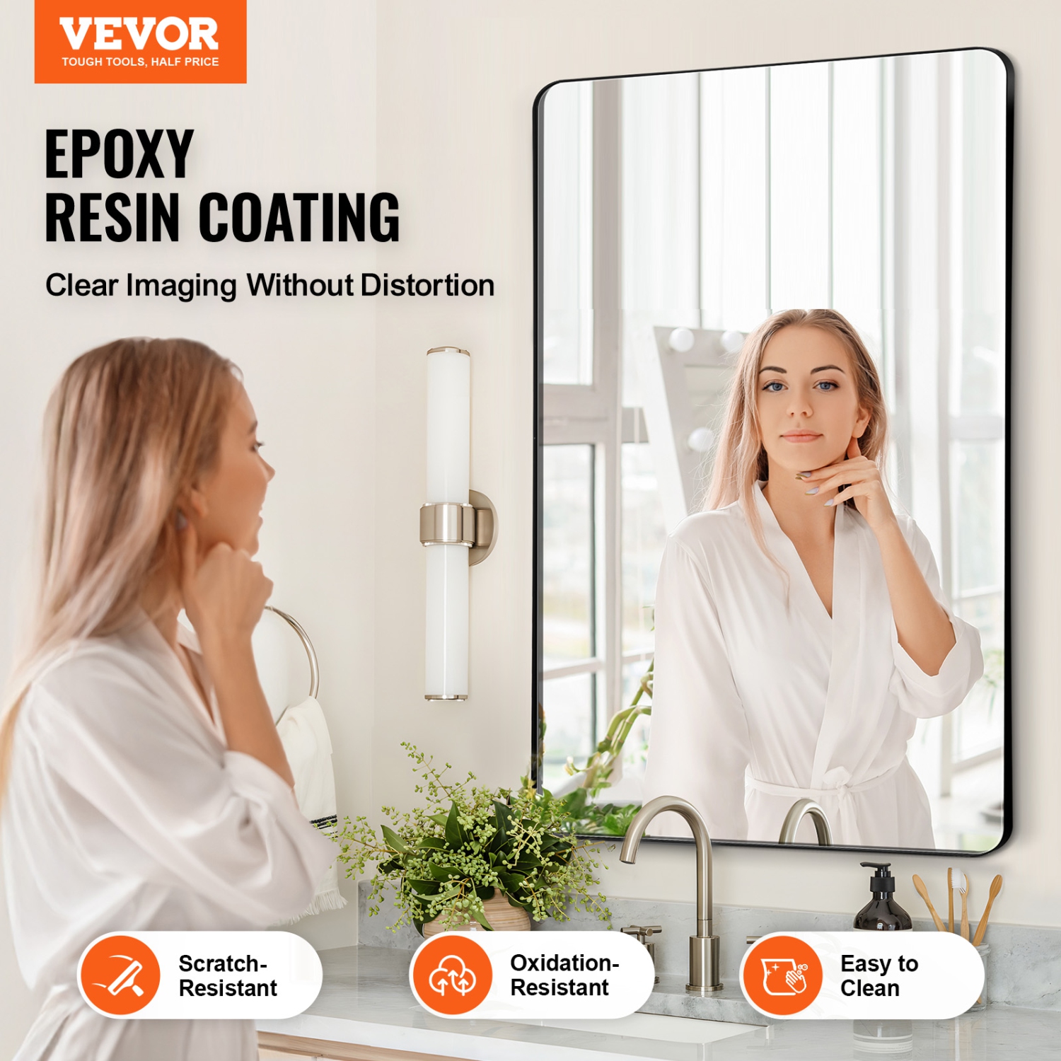 VEVOR 0.15" Thick Wall Mounted Makeup Mirror, 24" x 36" Mirror with Aluminium Alloy Frame & Explosion-Proof Film, Scratch-Resistant Mirror with