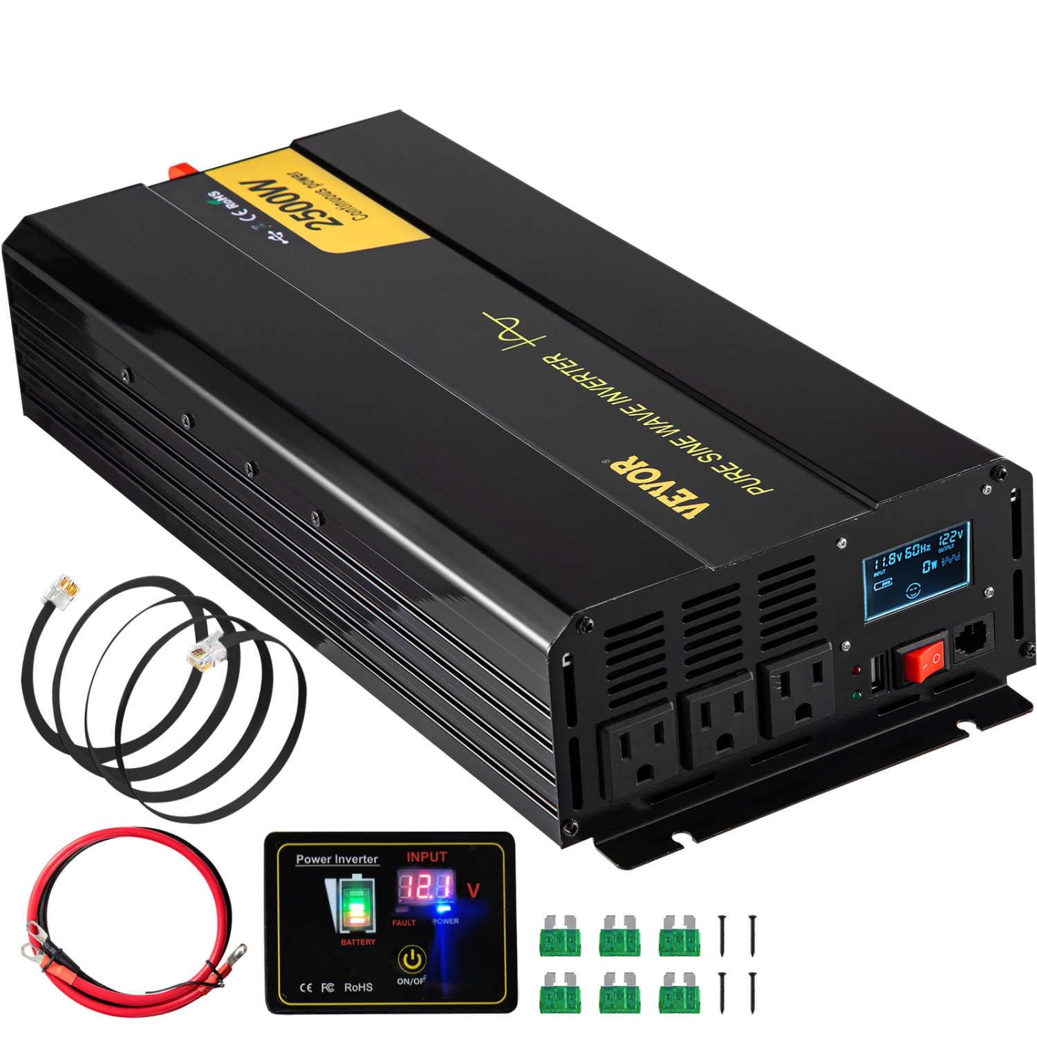 VEVOR 2500 Watt Pure Sine Wave Inverter, DC 12V to AC 120V Car Inverter, with USB Port, LCD Display, and Remote Controller Power Converter, for RV