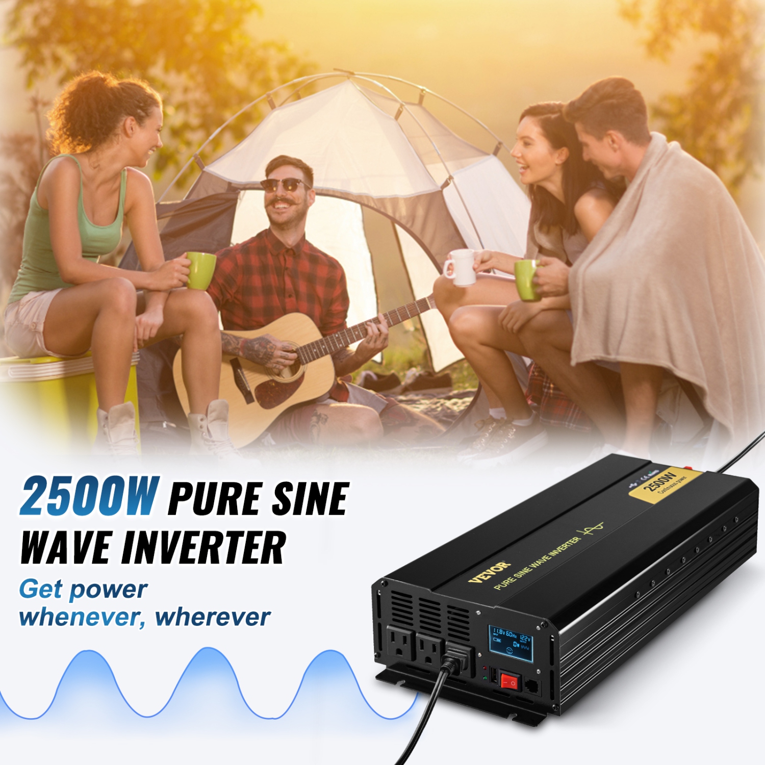 VEVOR 2500 Watt Pure Sine Wave Inverter, DC 12V to AC 120V Car Inverter, with USB Port, LCD Display, and Remote Controller Power Converter, for RV