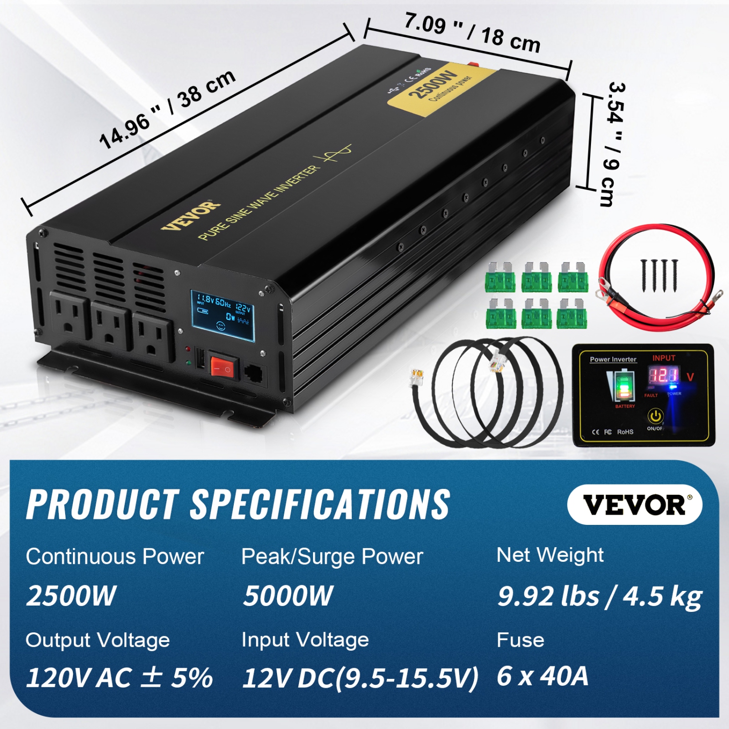 VEVOR 2500 Watt Pure Sine Wave Inverter, DC 12V to AC 120V Car Inverter, with USB Port, LCD Display, and Remote Controller Power Converter, for RV