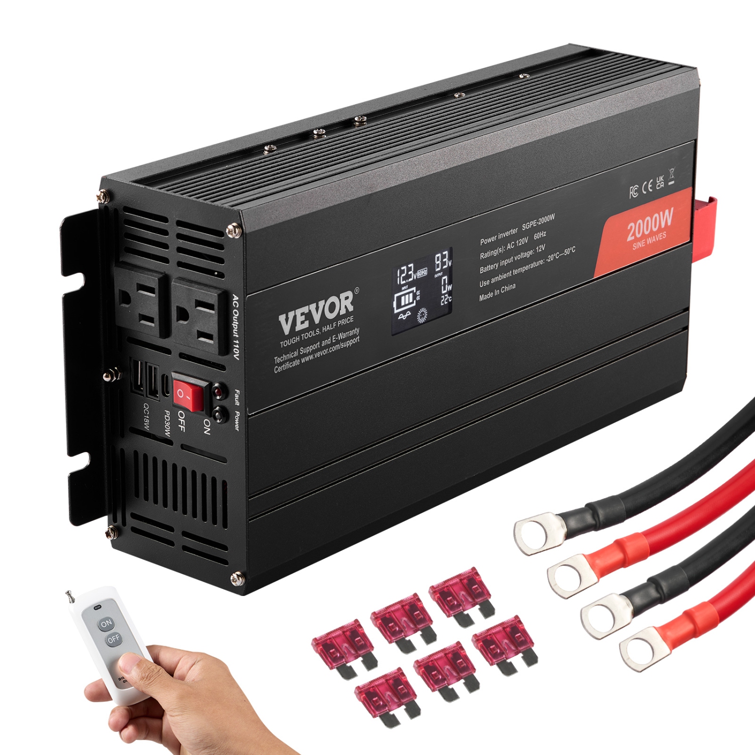 VEVOR 2000 Watt Pure Sine Wave Inverter, DC 12V to AC 110V Power Inverter with 2 AC Outlets 2 USB Port 1 Type-C Port, LCD Display and Remote
