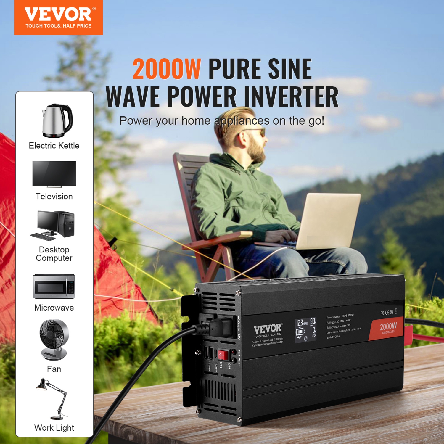 VEVOR 2000 Watt Pure Sine Wave Inverter, DC 12V to AC 110V Power Inverter with 2 AC Outlets 2 USB Port 1 Type-C Port, LCD Display and Remote