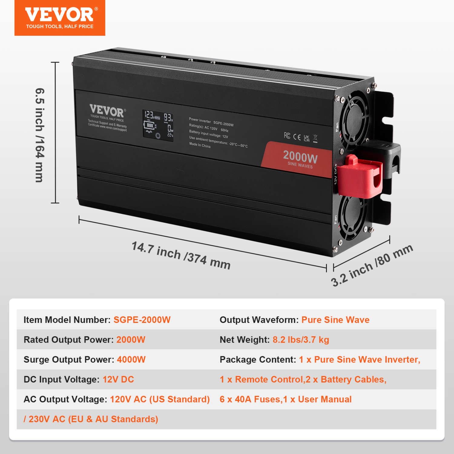 VEVOR 2000 Watt Pure Sine Wave Inverter, DC 12V to AC 110V Power Inverter with 2 AC Outlets 2 USB Port 1 Type-C Port, LCD Display and Remote