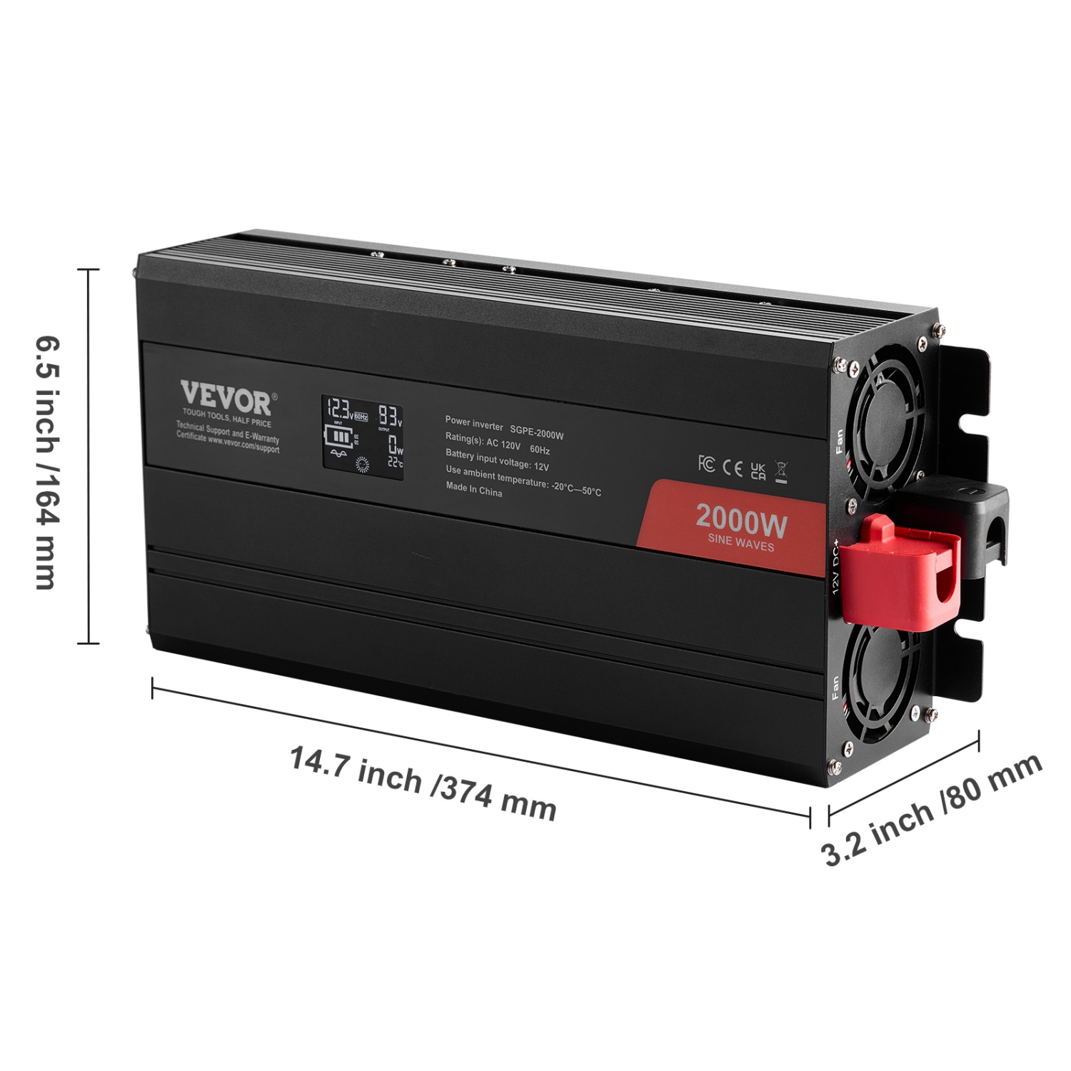 VEVOR 2000 Watt Pure Sine Wave Inverter, DC 12V to AC 110V Power Inverter with 2 AC Outlets 2 USB Port 1 Type-C Port, LCD Display and Remote