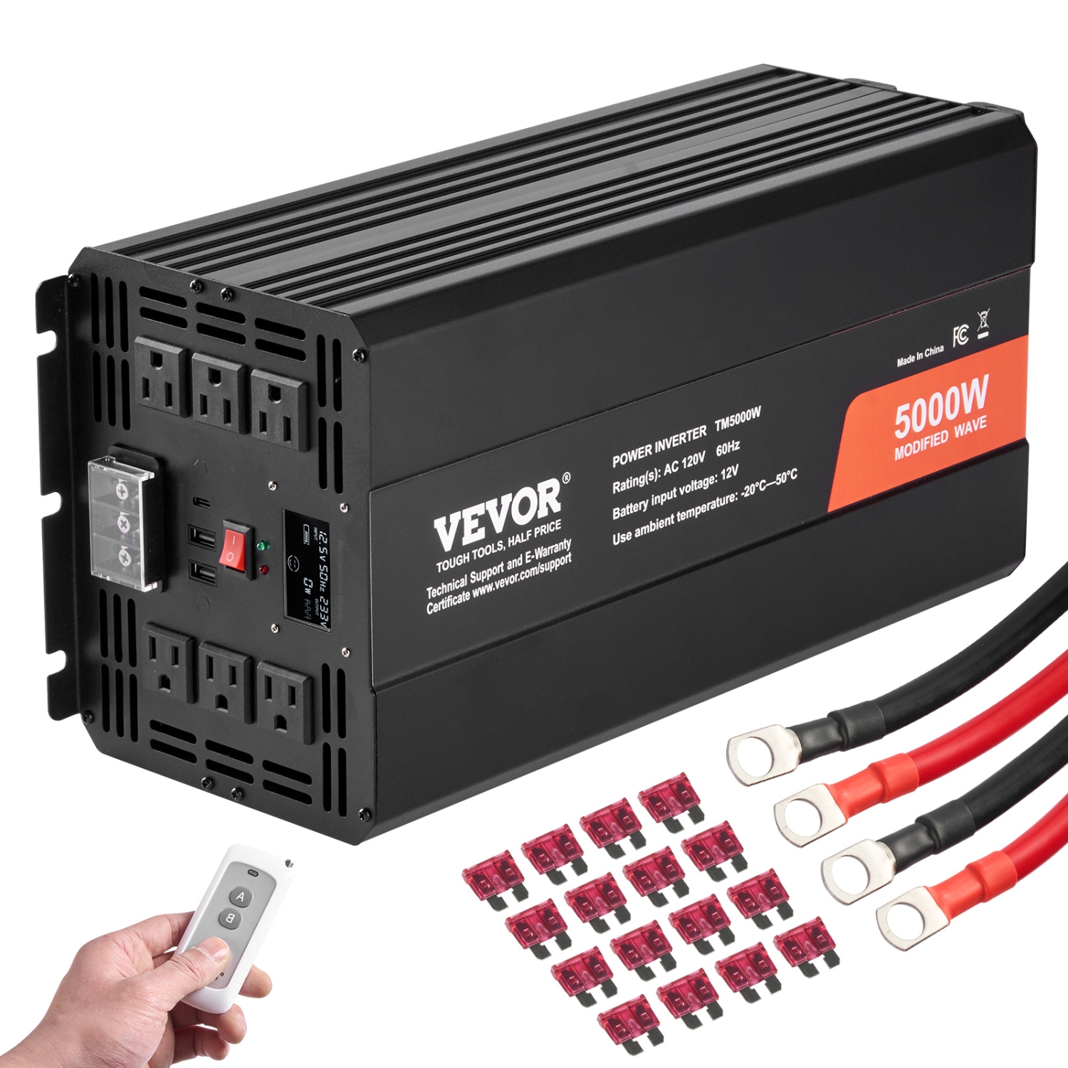 Onduleur à ondes sinusoïdales modifié VEVOR 5000&nbsp;W, convertisseur de courant continu 12&nbsp;V à 120&nbsp;V c.a. avec 6 prises c.a., 2 port USB