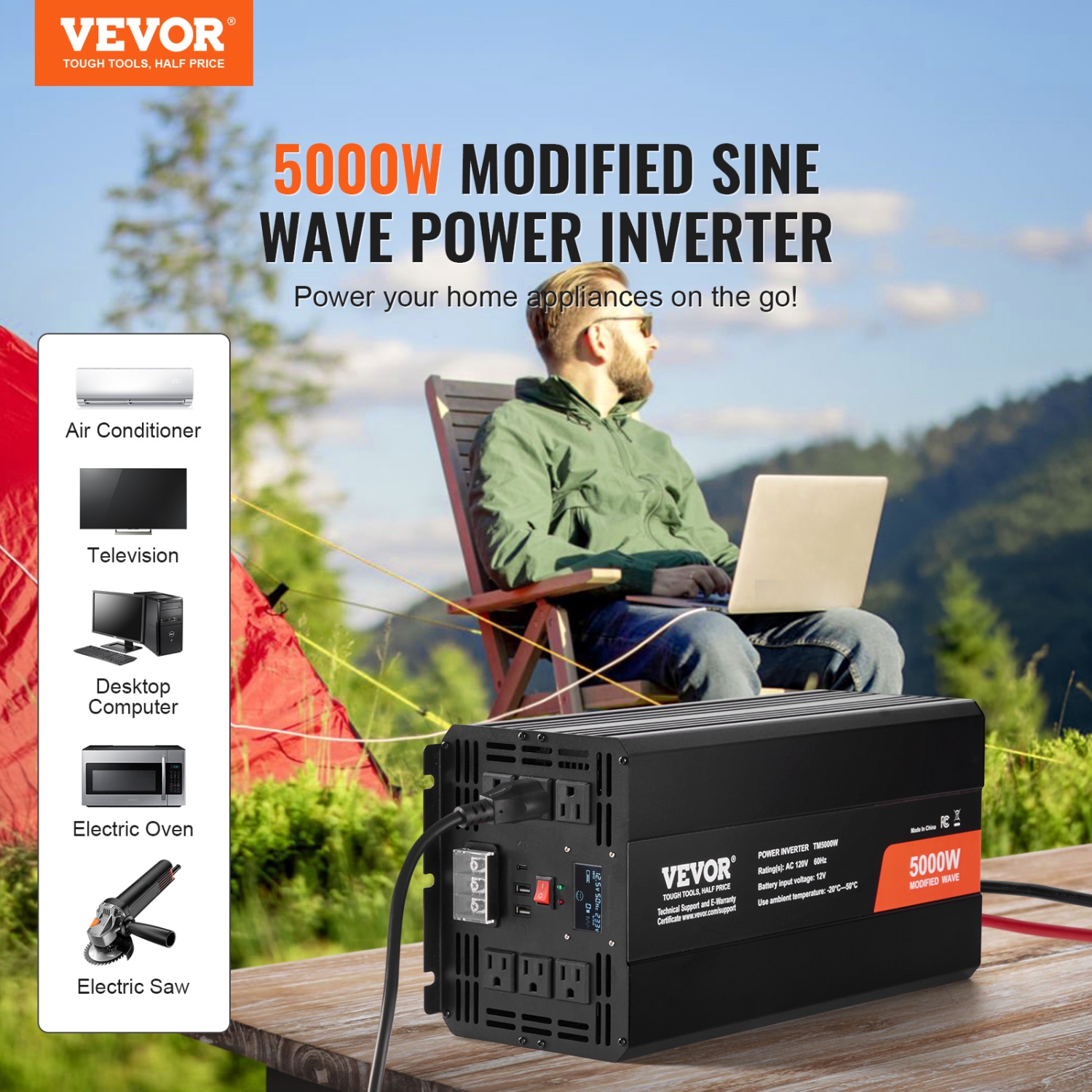 Onduleur à ondes sinusoïdales modifié VEVOR 5000&nbsp;W, convertisseur de courant continu 12&nbsp;V à 120&nbsp;V c.a. avec 6 prises c.a., 2 port USB