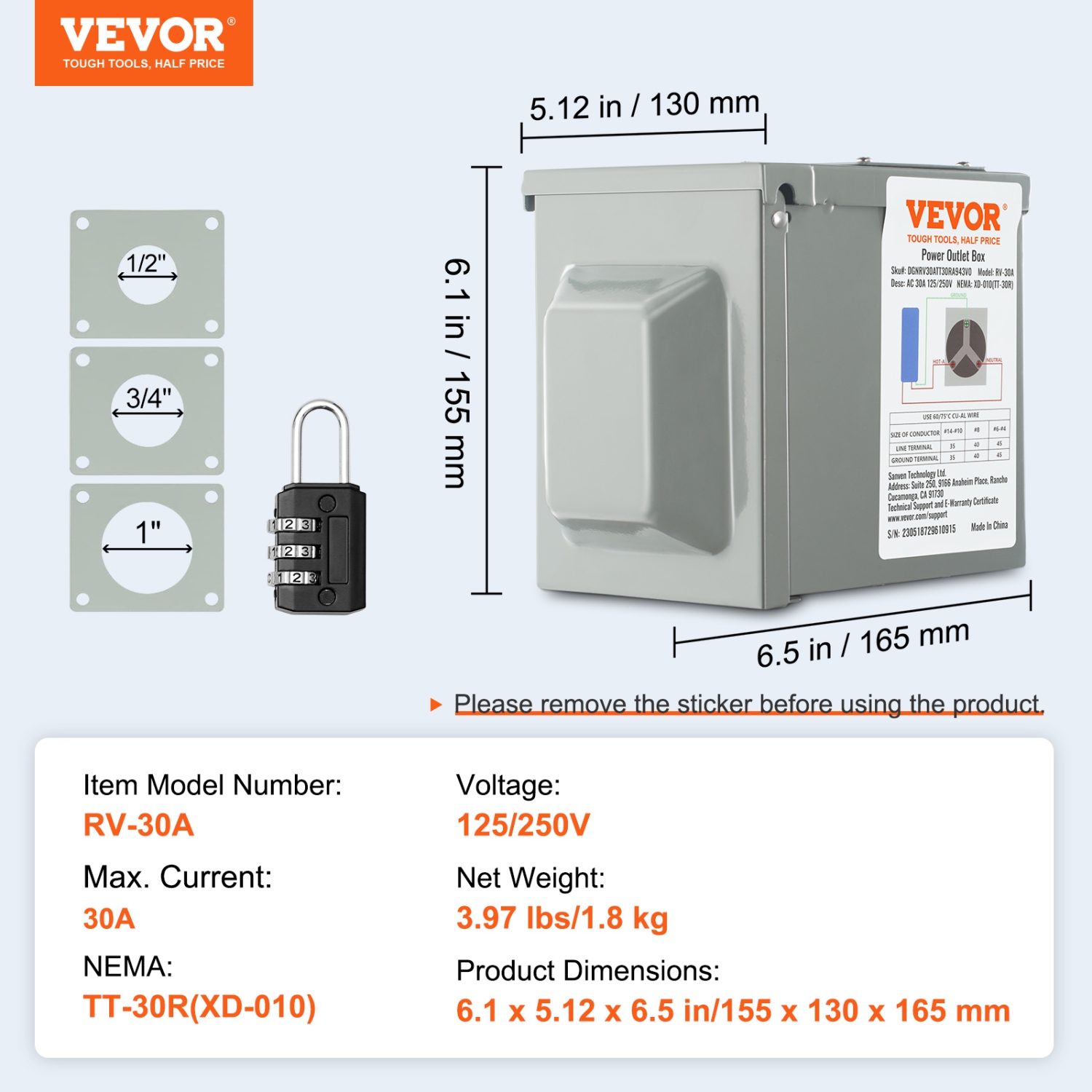 VEVOR 30 Amp RV Power Outlet Box, 125/250 Volt, Enclosed Lockable Outdoor RV Receptacle Box, NEMA TT-30R Weatherproof Electrical Panel, for RV Camper