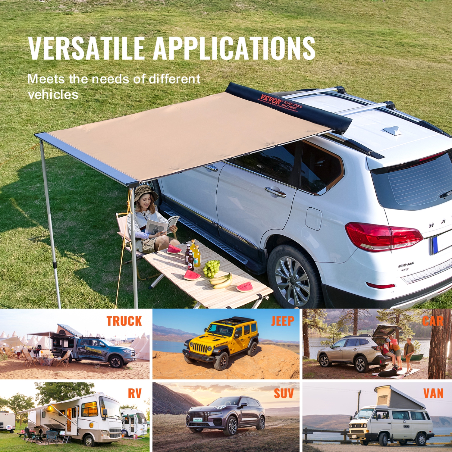 VEVOR 4.6'x6.6' Car Side Awning, Large Shade Coverage Vehicle Awning, PU3000mm UV50+ Retractable Car Awning with Waterproof Storage Bag, Suitable for