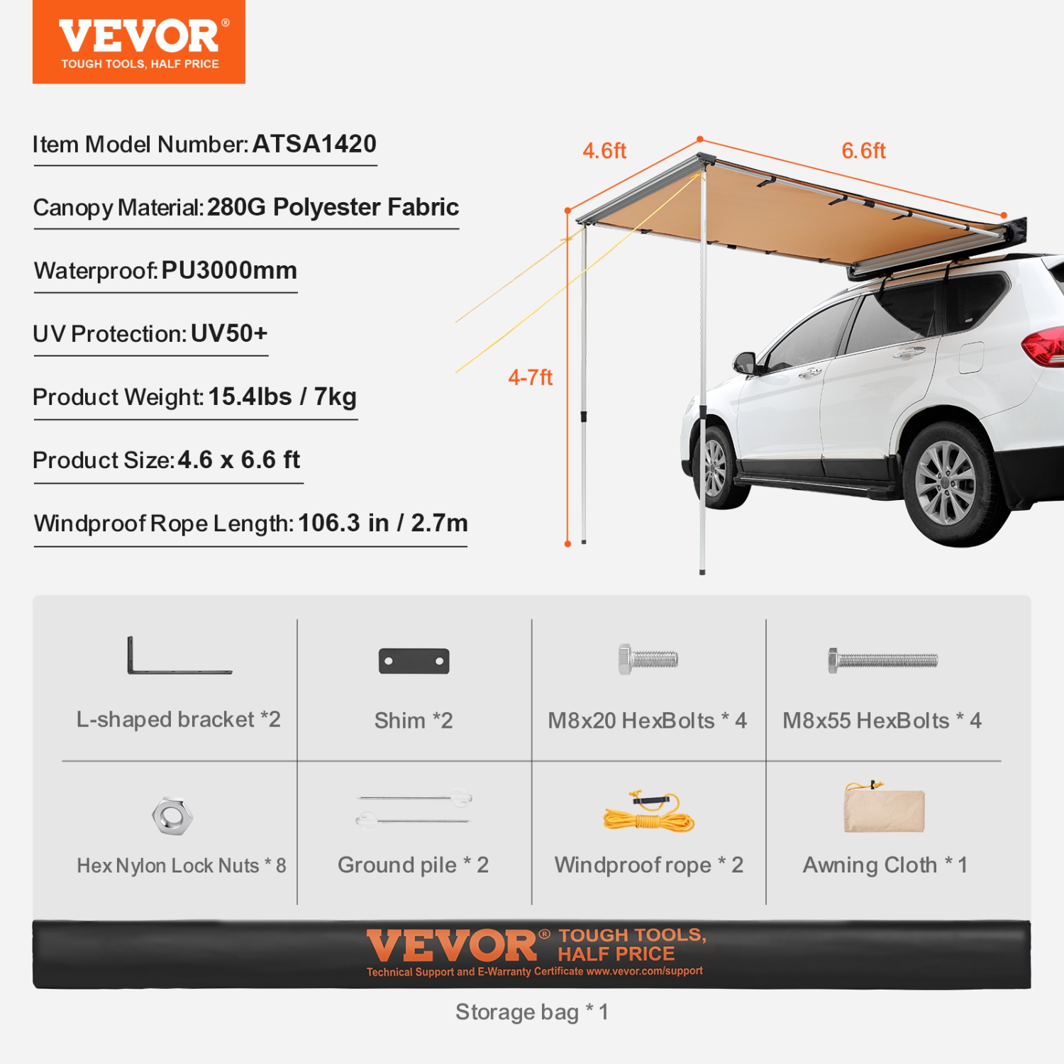 VEVOR 4.6'x6.6' Car Side Awning, Large Shade Coverage Vehicle Awning, PU3000mm UV50+ Retractable Car Awning with Waterproof Storage Bag, Suitable for