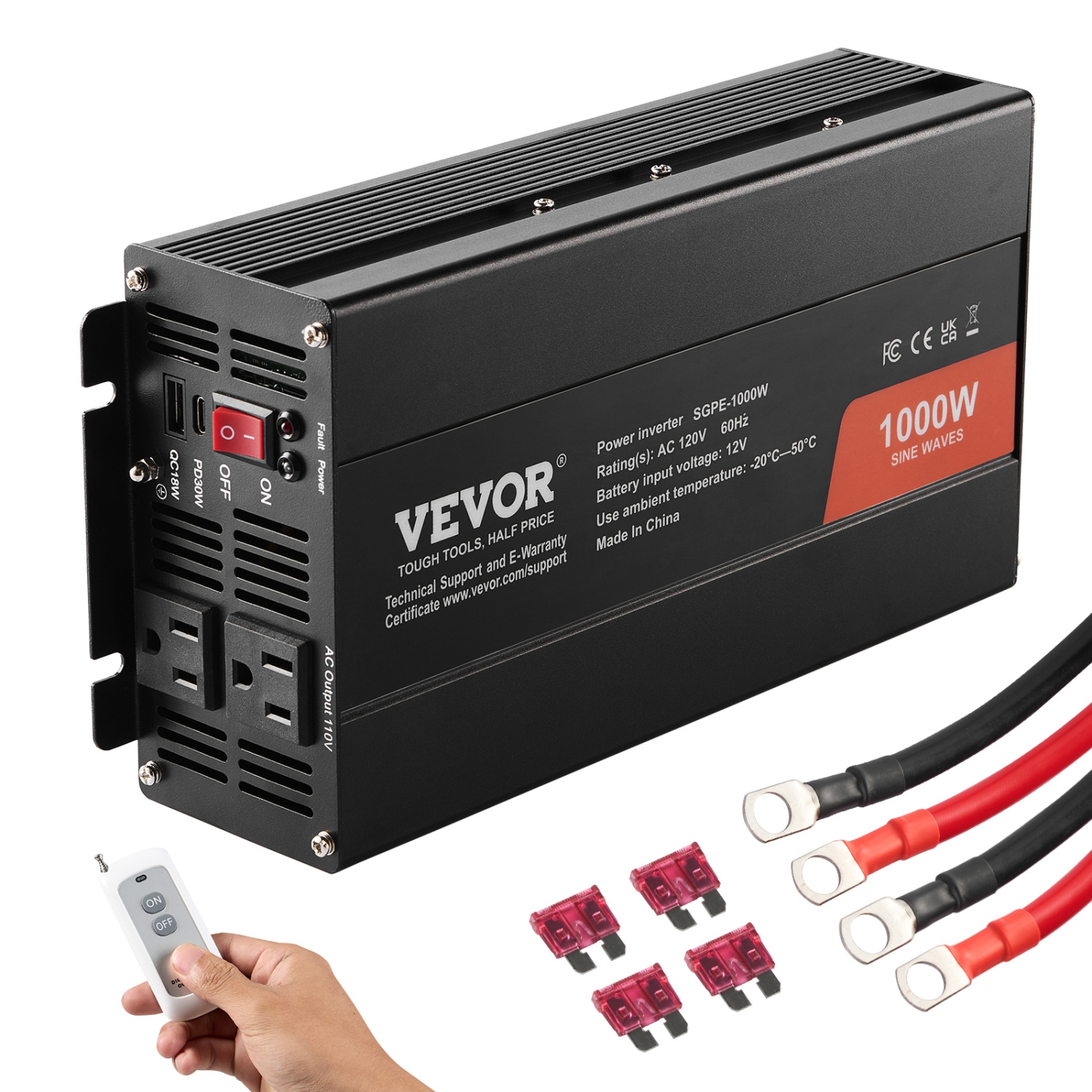 VEVOR 1000W Sine Wave Converter, DC 12V to AC 120V, with Dual AC Sockets, 1 USB, 1 Type-C, Remote Operation for Portable Electronics, CE FCC Approved