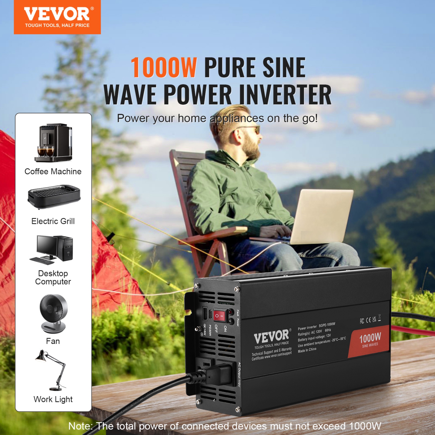 VEVOR 1000W Sine Wave Converter, DC 12V to AC 120V, with Dual AC Sockets, 1 USB, 1 Type-C, Remote Operation for Portable Electronics, CE FCC Approved