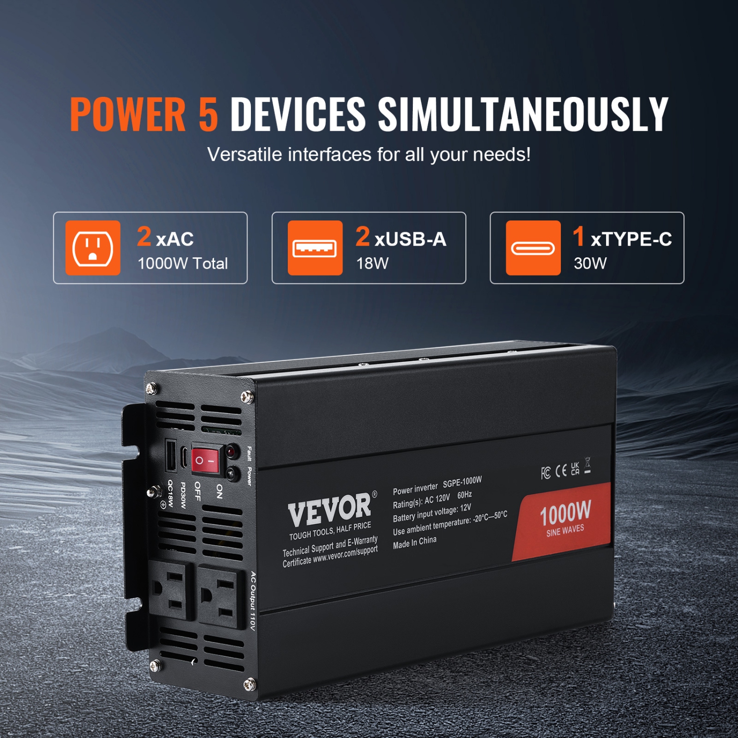 VEVOR 1000W Sine Wave Converter, DC 12V to AC 120V, with Dual AC Sockets, 1 USB, 1 Type-C, Remote Operation for Portable Electronics, CE FCC Approved