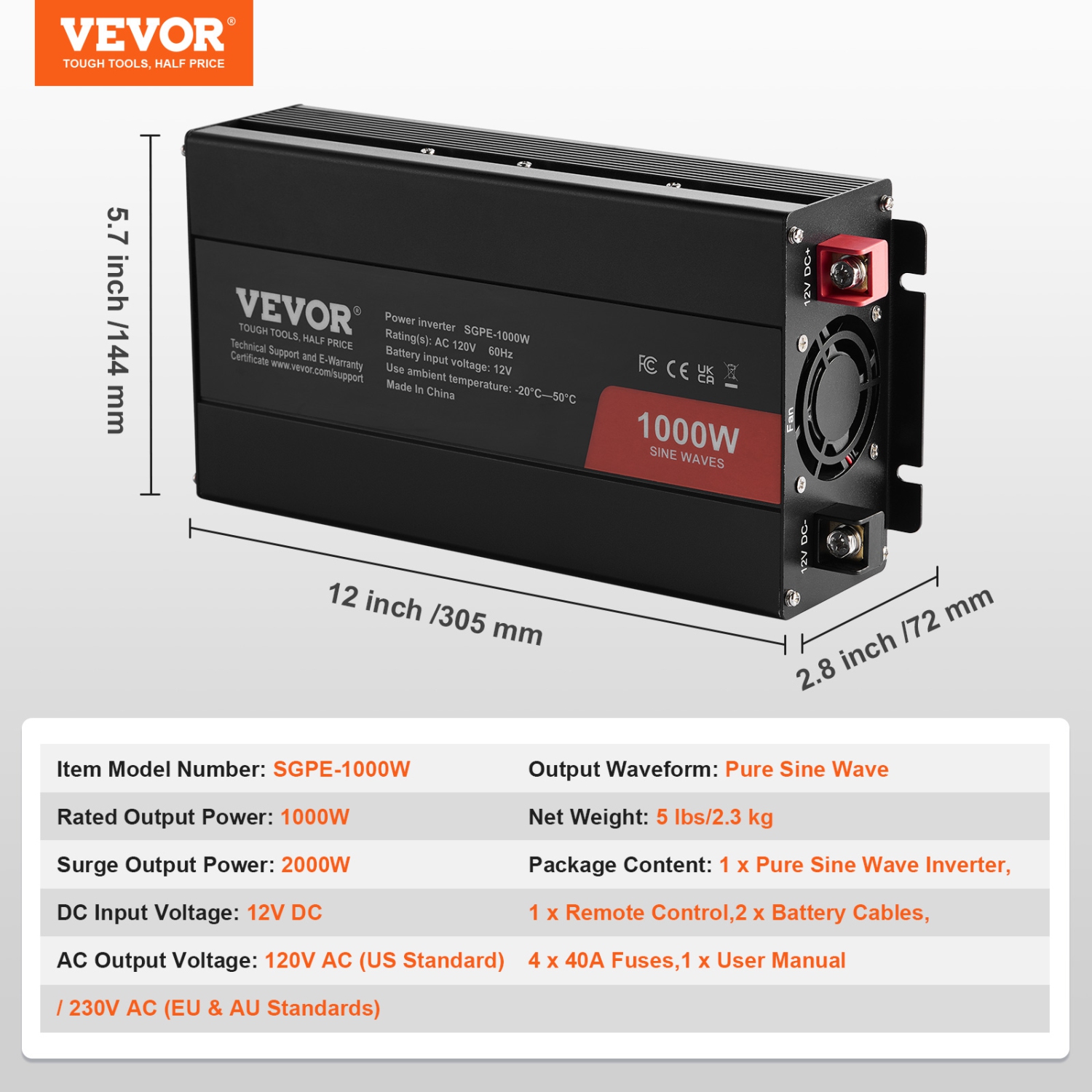 VEVOR 1000W Sine Wave Converter, DC 12V to AC 120V, with Dual AC Sockets, 1 USB, 1 Type-C, Remote Operation for Portable Electronics, CE FCC Approved