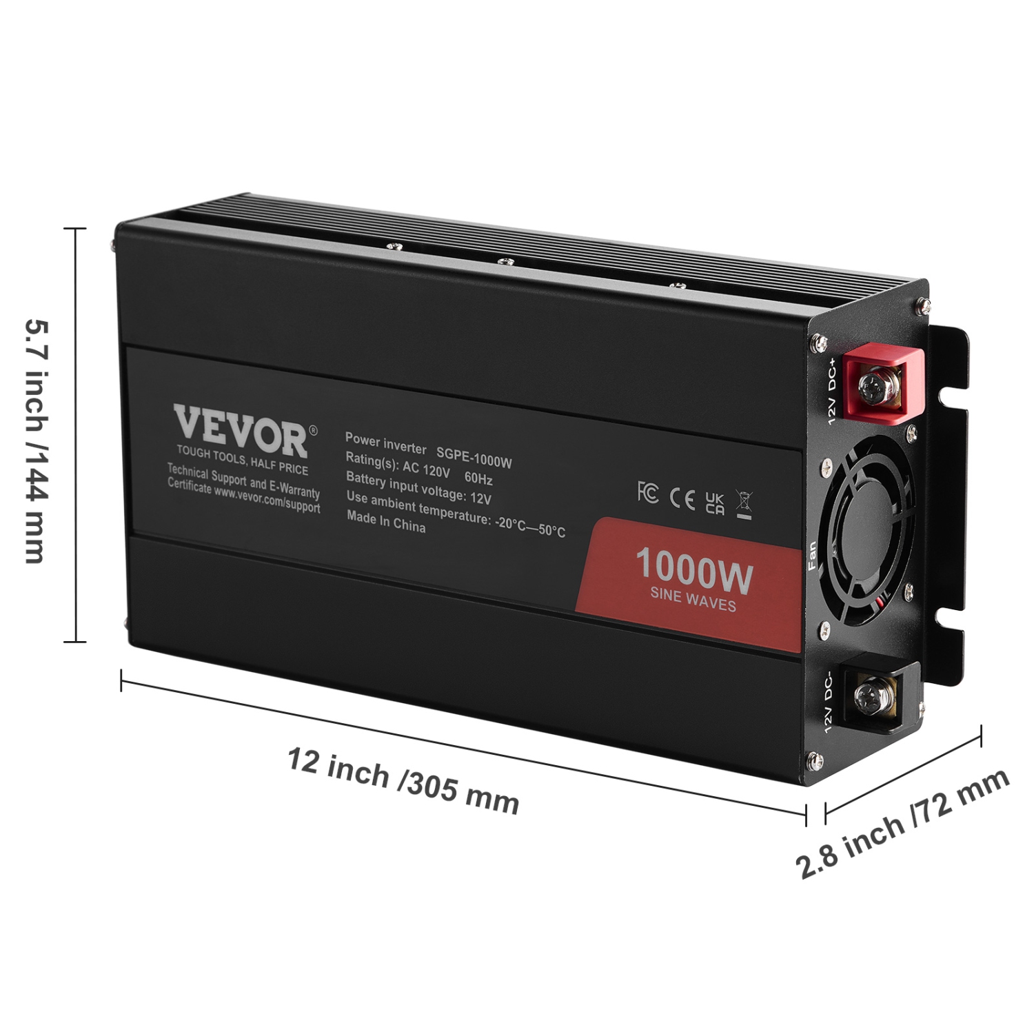VEVOR 1000W Sine Wave Converter, DC 12V to AC 120V, with Dual AC Sockets, 1 USB, 1 Type-C, Remote Operation for Portable Electronics, CE FCC Approved