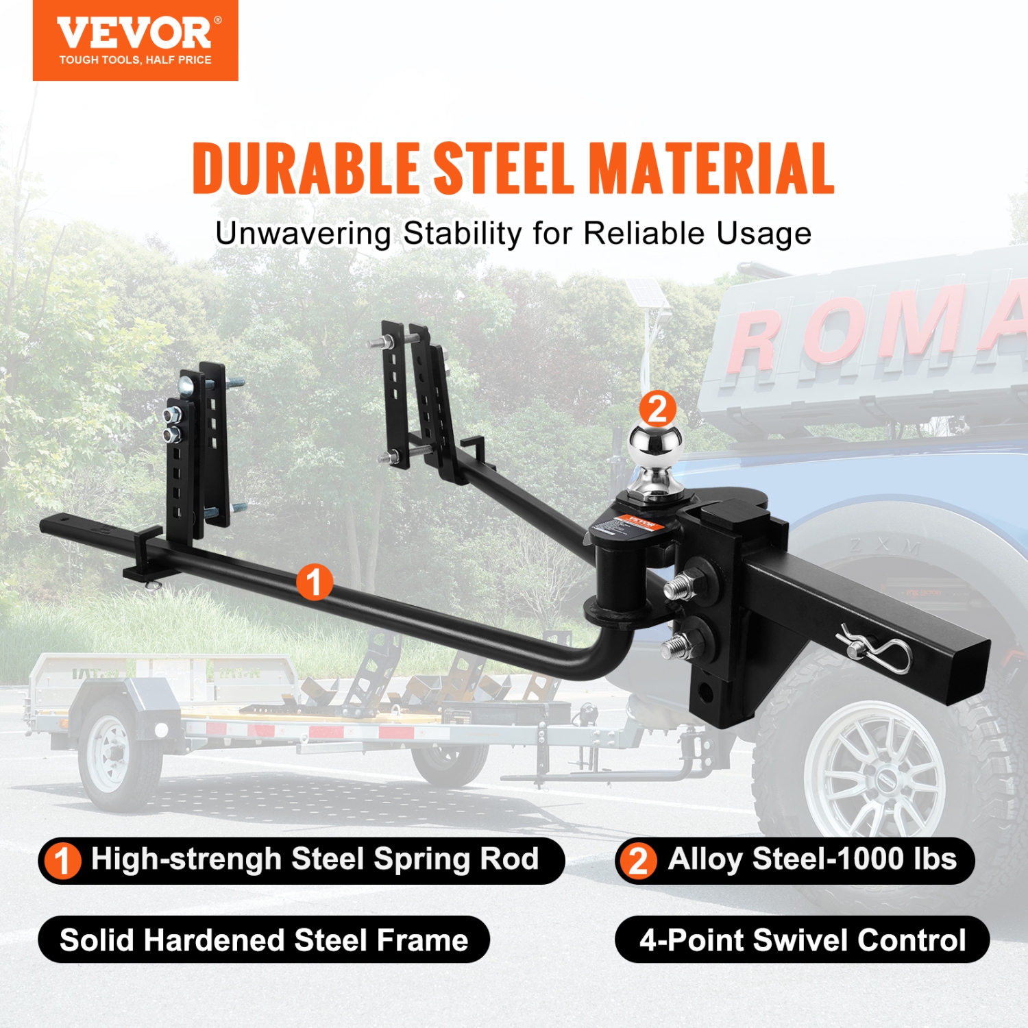 VEVOR 1,000 lbs Weight Distribution Hitch, Distributing Hitches Kit with Sway Control for Trailer, 2-In Solid Steel Shank, 2-5/16 in Alloy Steel