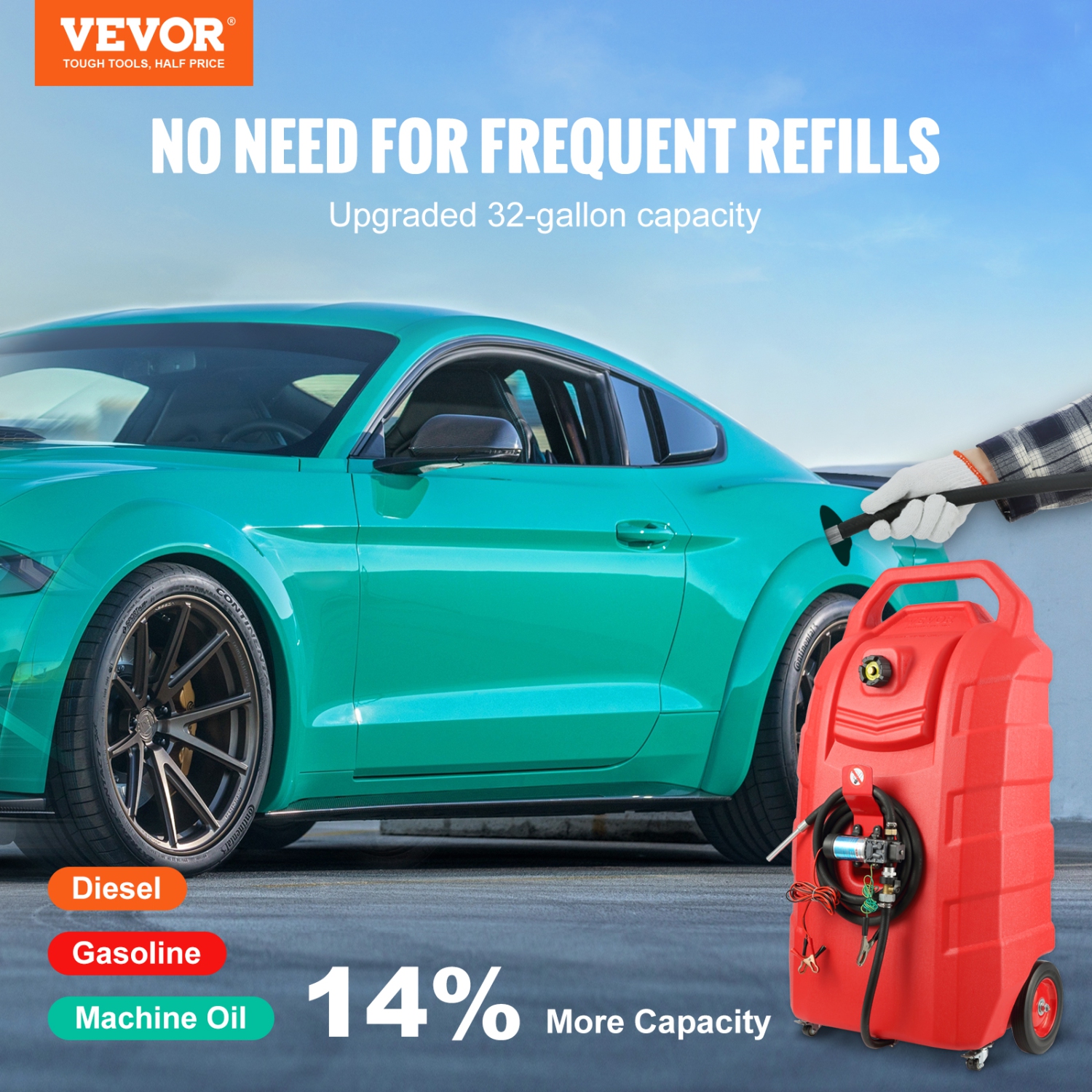 VEVOR 32 Gallon Fuel Caddy, Portable Fuel Storage Tank On-Wheels, with 12V DC Transfer Pump, Gasoline Diesel Fuel Container with 8.2 ft Hose, Flow