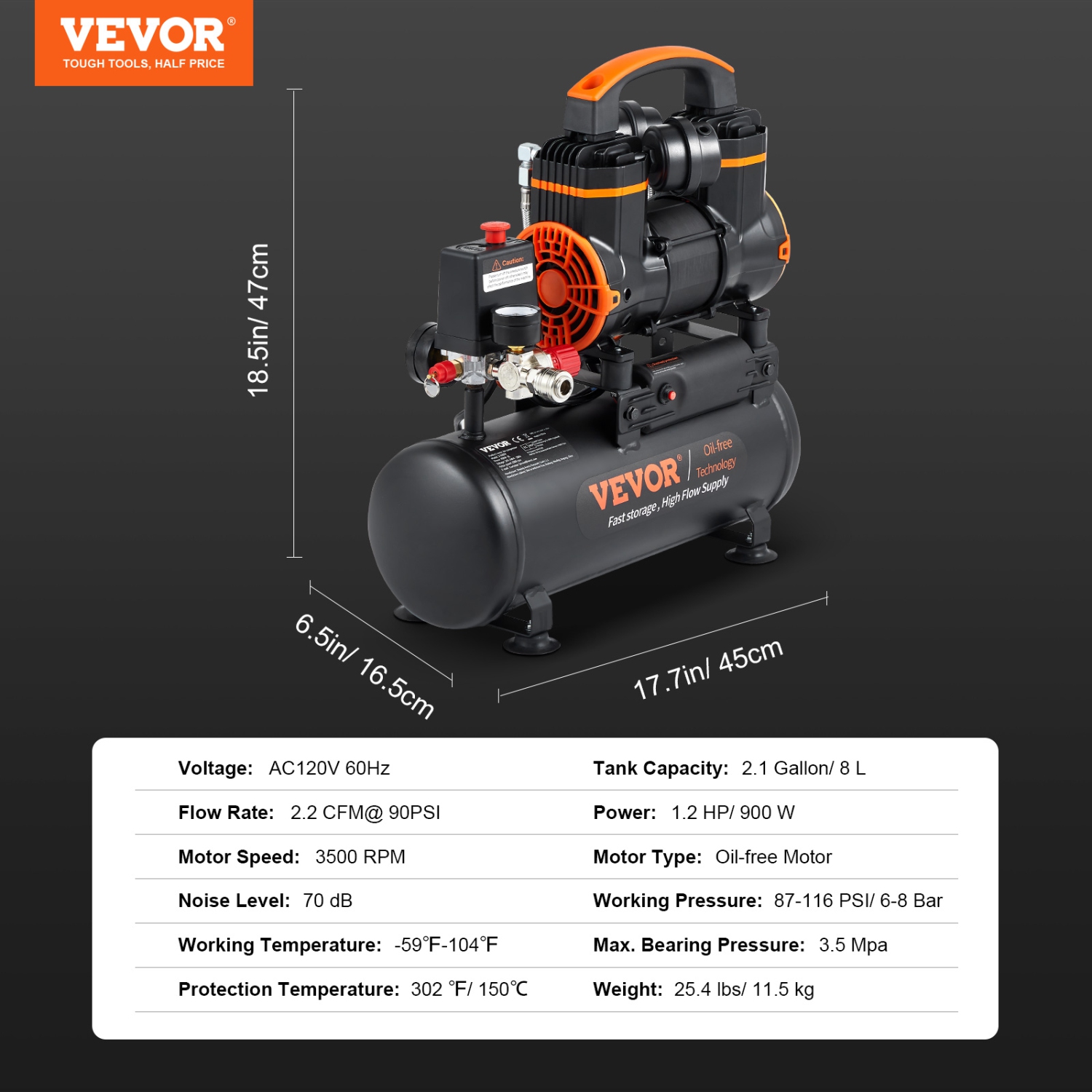 VEVOR 2.1 Gallon Air Compressor, 1.2HP 2.2 CFM@90PSI Oil Free Air Compressor Tank & Max. 116PSI Pressure,70 dB Ultra Quiet Compressor for Auto