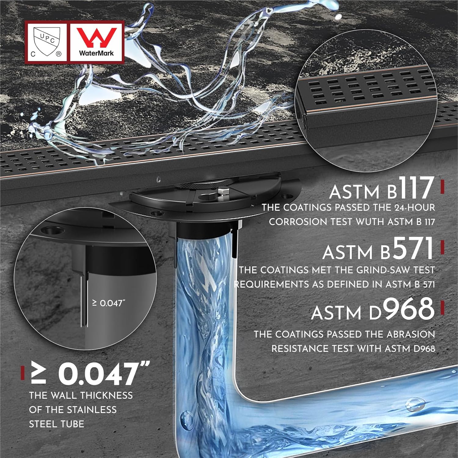 WEBANG 24 Inch Linear Shower Drain Rectangular Floor Drain with Accessories Square Hole Pattern Cover Grate Removable SUS304 Stainless Steel CUPC