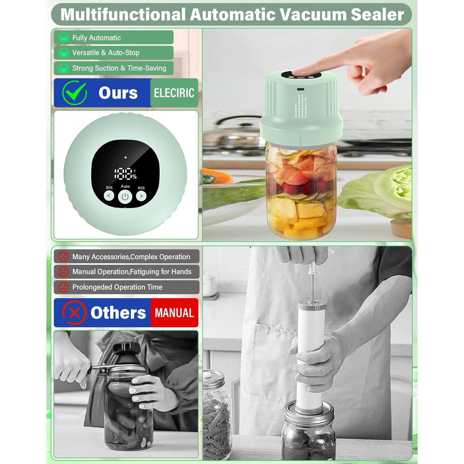 RROFKA Mason Jar Vacuum Sealer Kit-Full-Automatic-Jar-Sealer-Vacuum-Sealing - Green