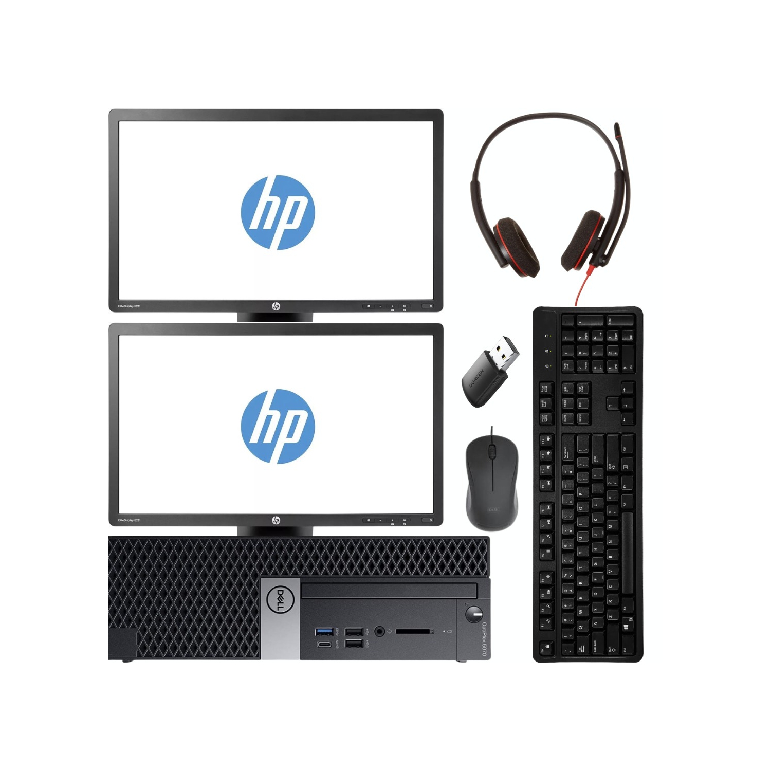 (Refurbished Excellent) Dell OptiPlex 5070 SFF Desktop Bundle | Intel Core i5, 16GB RAM, 512GB SSD, Windows 11 Pro + Dual HP 23” Monitors, Keyboard,