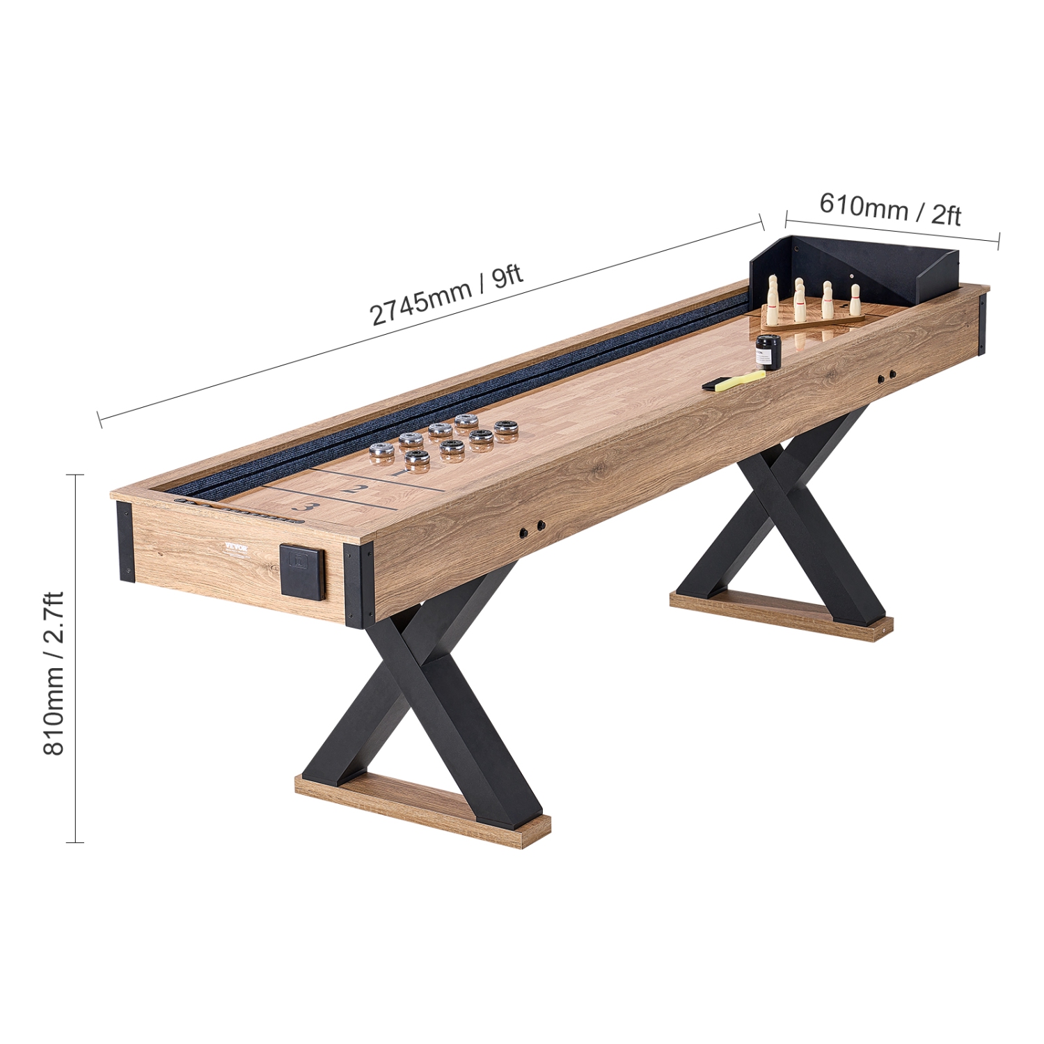 VEVOR Shuffleboard Table, 9 ft Shuffleboard for Family Game Rooms, 2 in 1 Shuffleboard and Bowling Combo Game Set, with Scratch-Resistant Playfield,