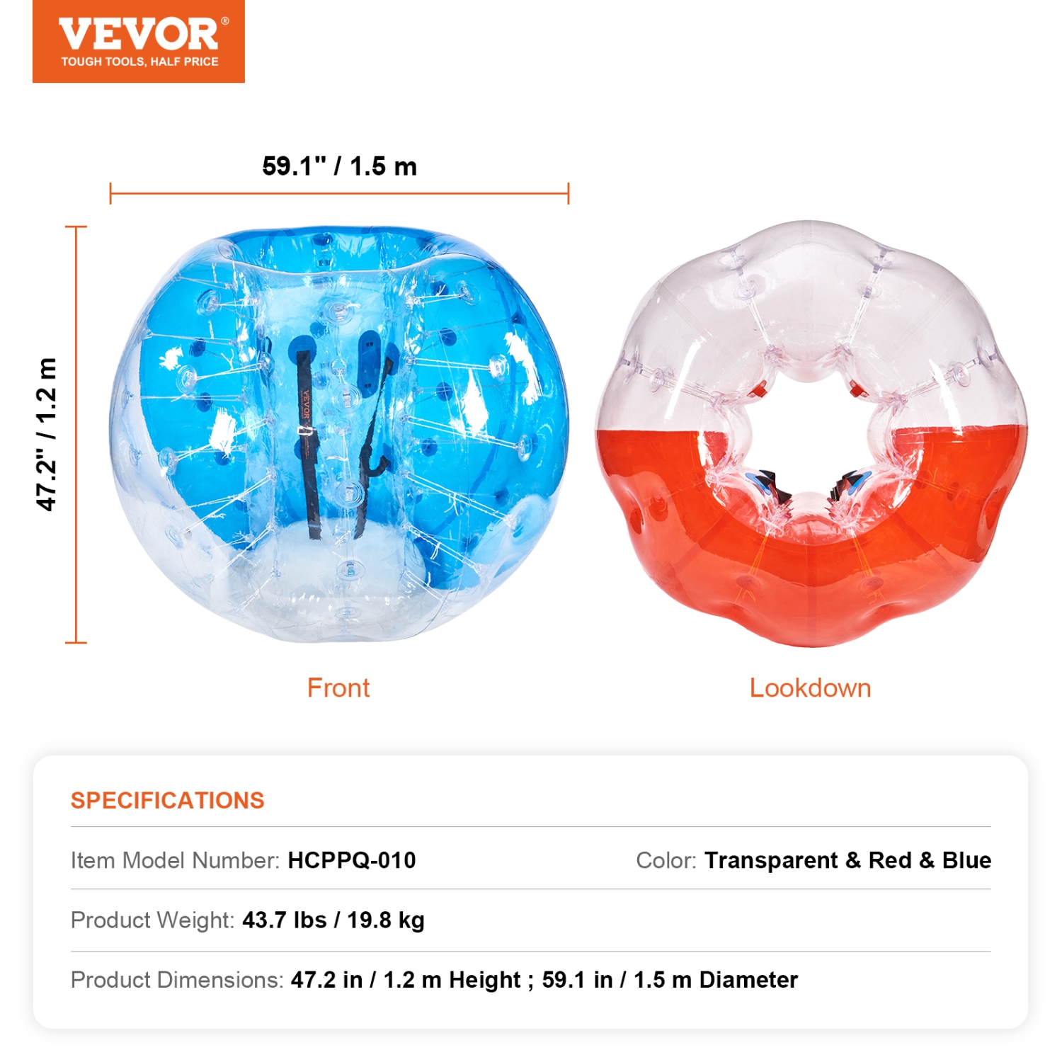 VEVOR 5FT/1.5M Inflatable Bumper Balls 2-Pack, Body Sumo Zorb Balls for Teen & Adult, 0.8mm Thick PVC Human Hamster Bubble Balls for Outdoor Team