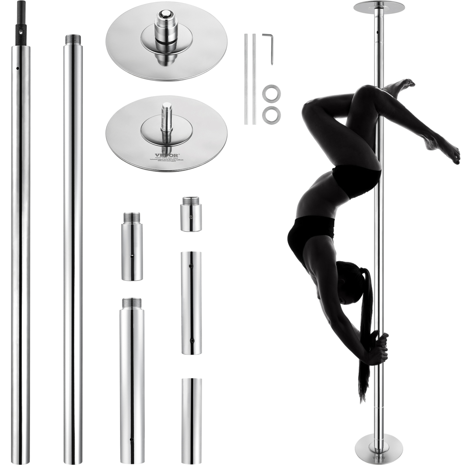 VEVOR 45mm Professional Dancing Pole, Spinning Static Dancing Pole Kit, Portable Removable Pole, Heavy-Duty Stainless Steel Pole,Height Adjustable