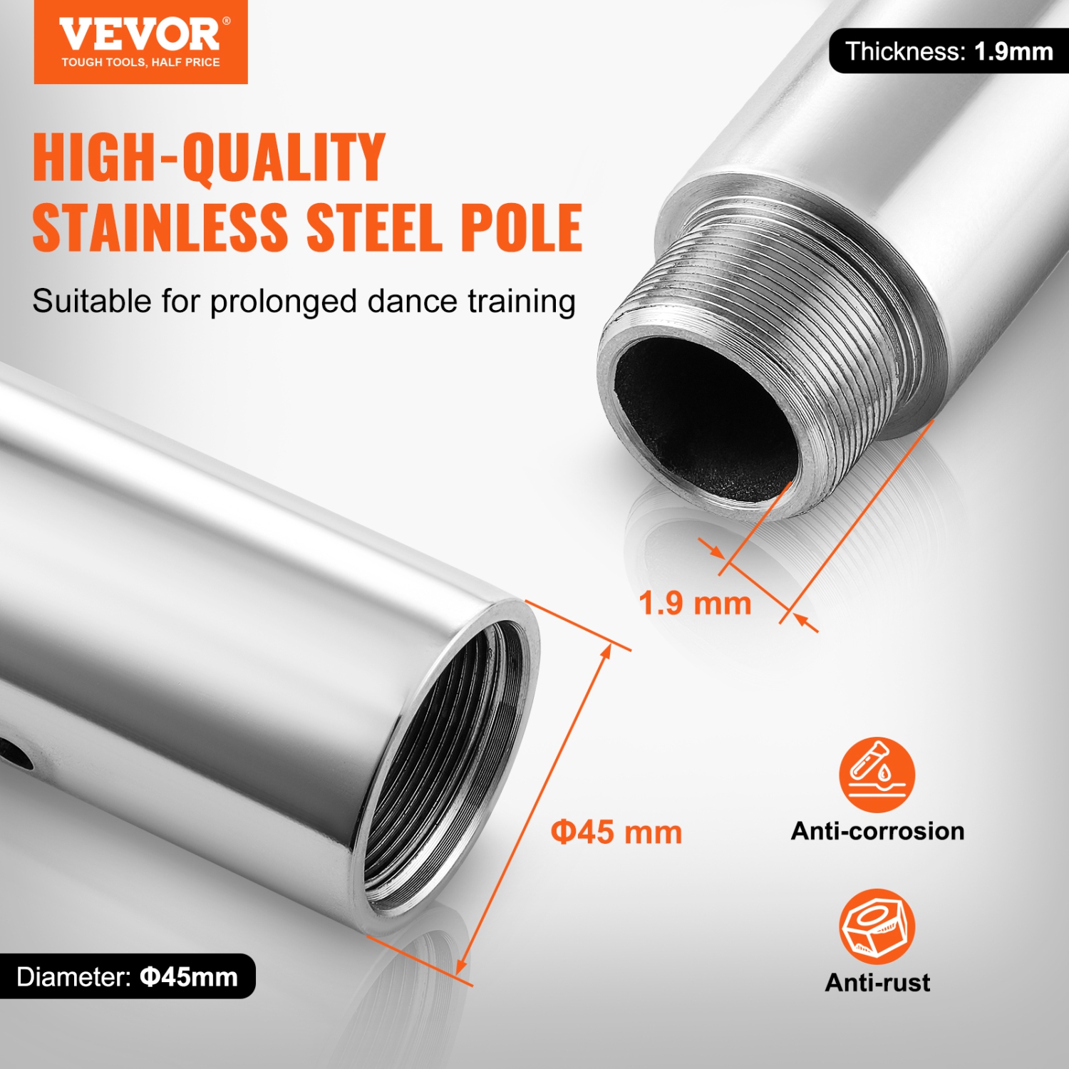 VEVOR 45mm Professional Dancing Pole, Spinning Static Dancing Pole Kit, Portable Removable Pole, Heavy-Duty Stainless Steel Pole,Height Adjustable