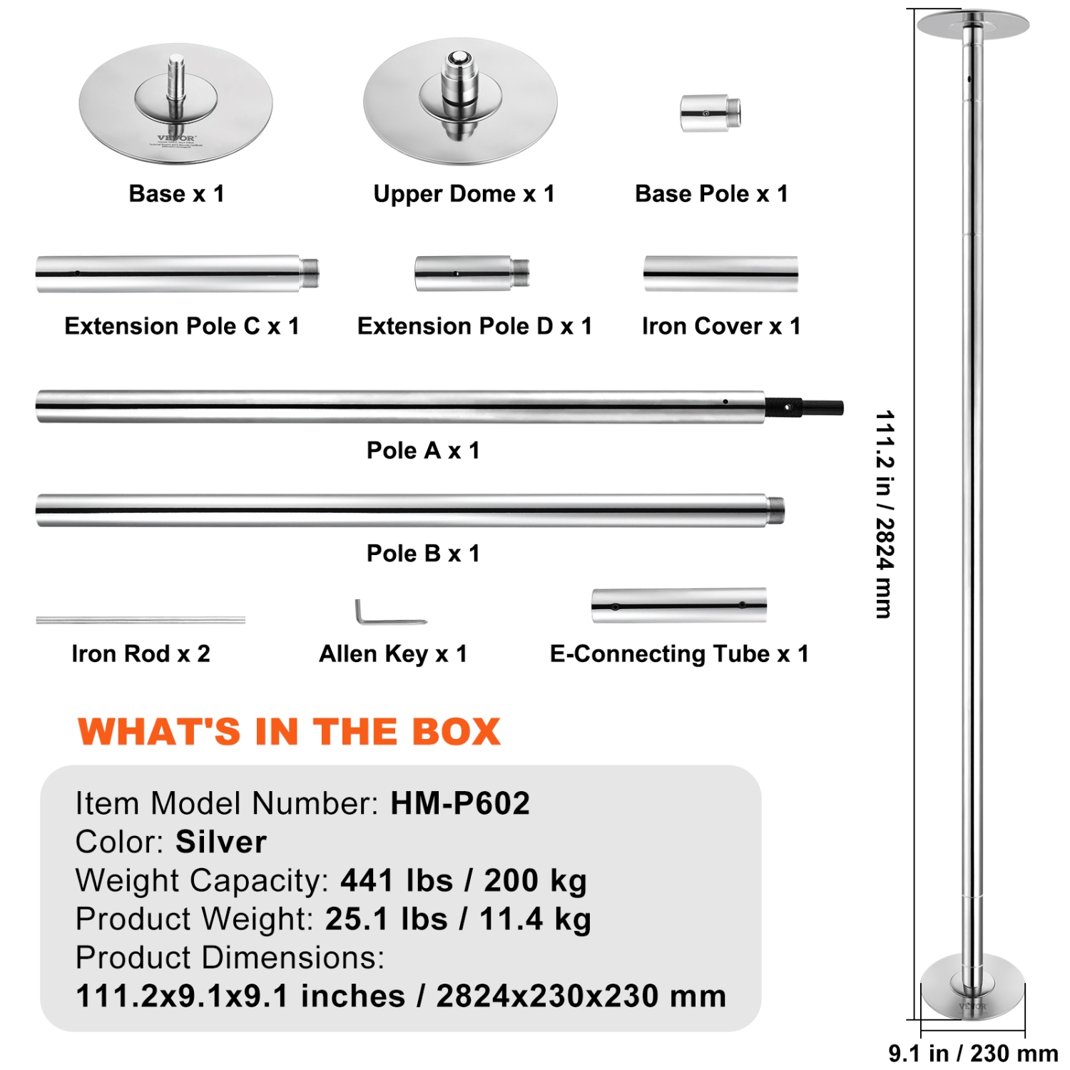 VEVOR 45mm Professional Dancing Pole, Spinning Static Dancing Pole Kit, Portable Removable Pole, Heavy-Duty Stainless Steel Pole,Height Adjustable