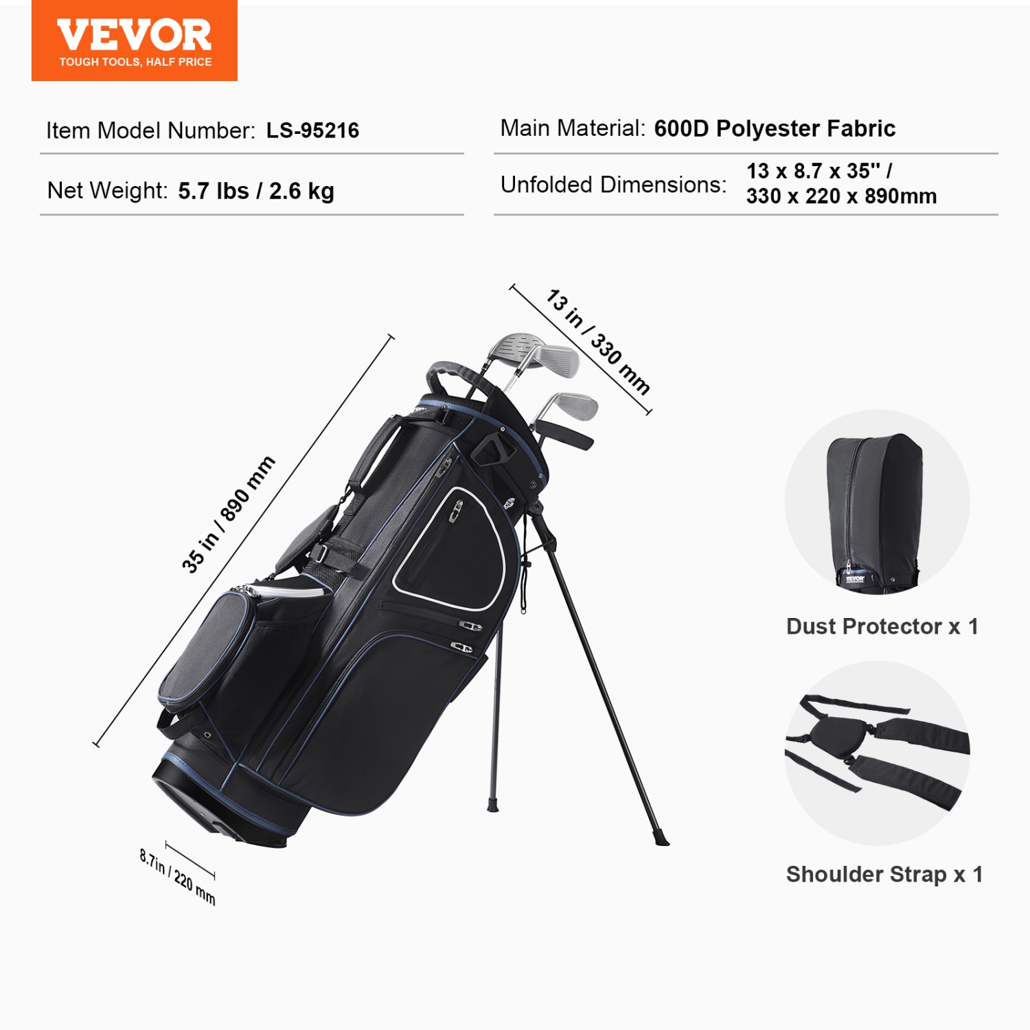 VEVOR 35” Golf Cart Bag with 14 Way Organizer Divider Top,11 Pockets Premium Cart Bag with Stand, Durable Golf Bags with Handles & Dust Cover &